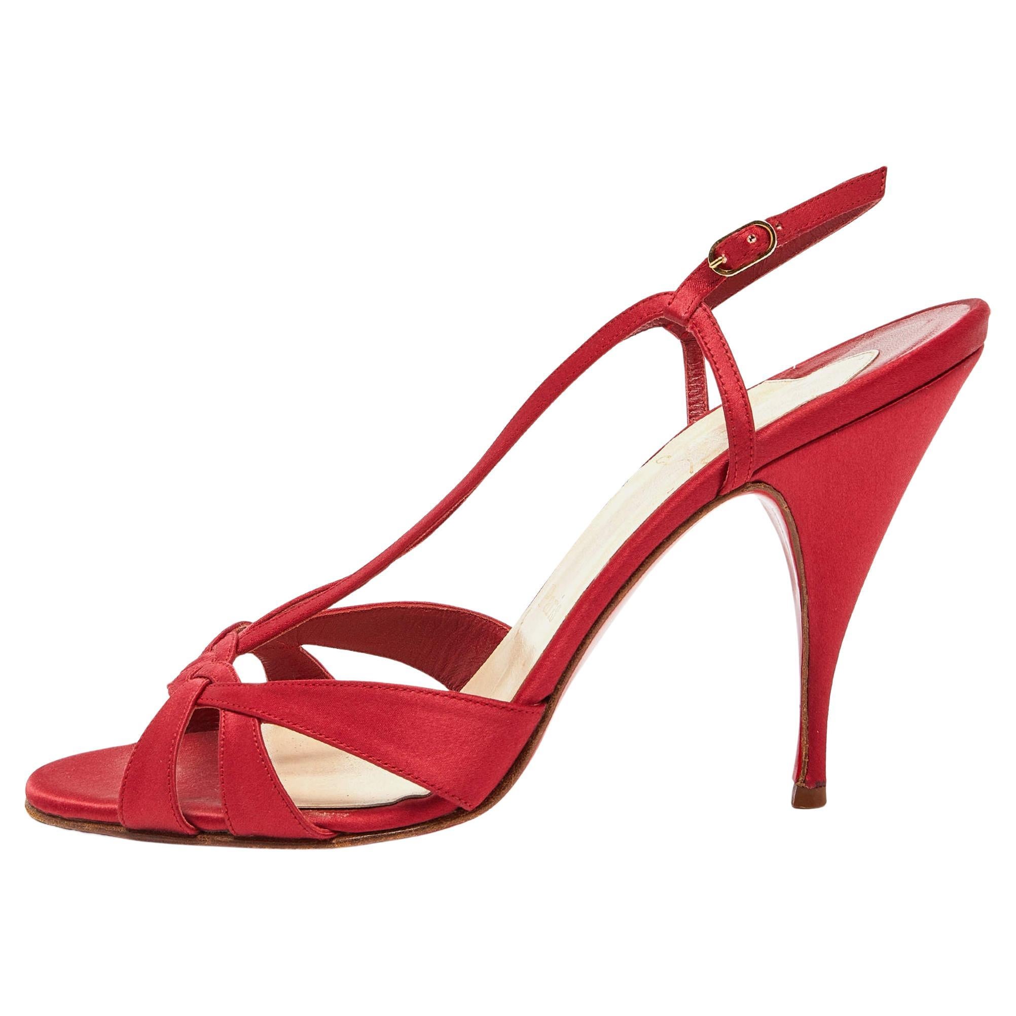 Christian Louboutin Red Satin Buckle Slingback Sandals Size 41 For Sale