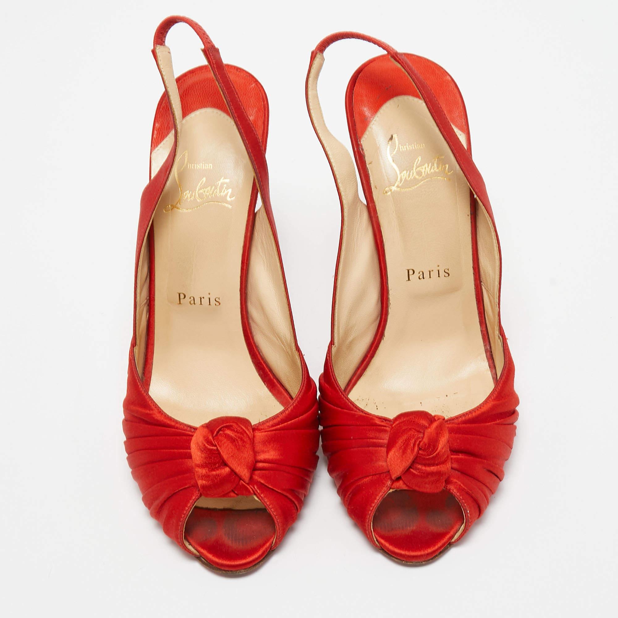 Christian Louboutin Red Satin Jenny Slingback Pumps Size 39 In Good Condition For Sale In Dubai, Al Qouz 2
