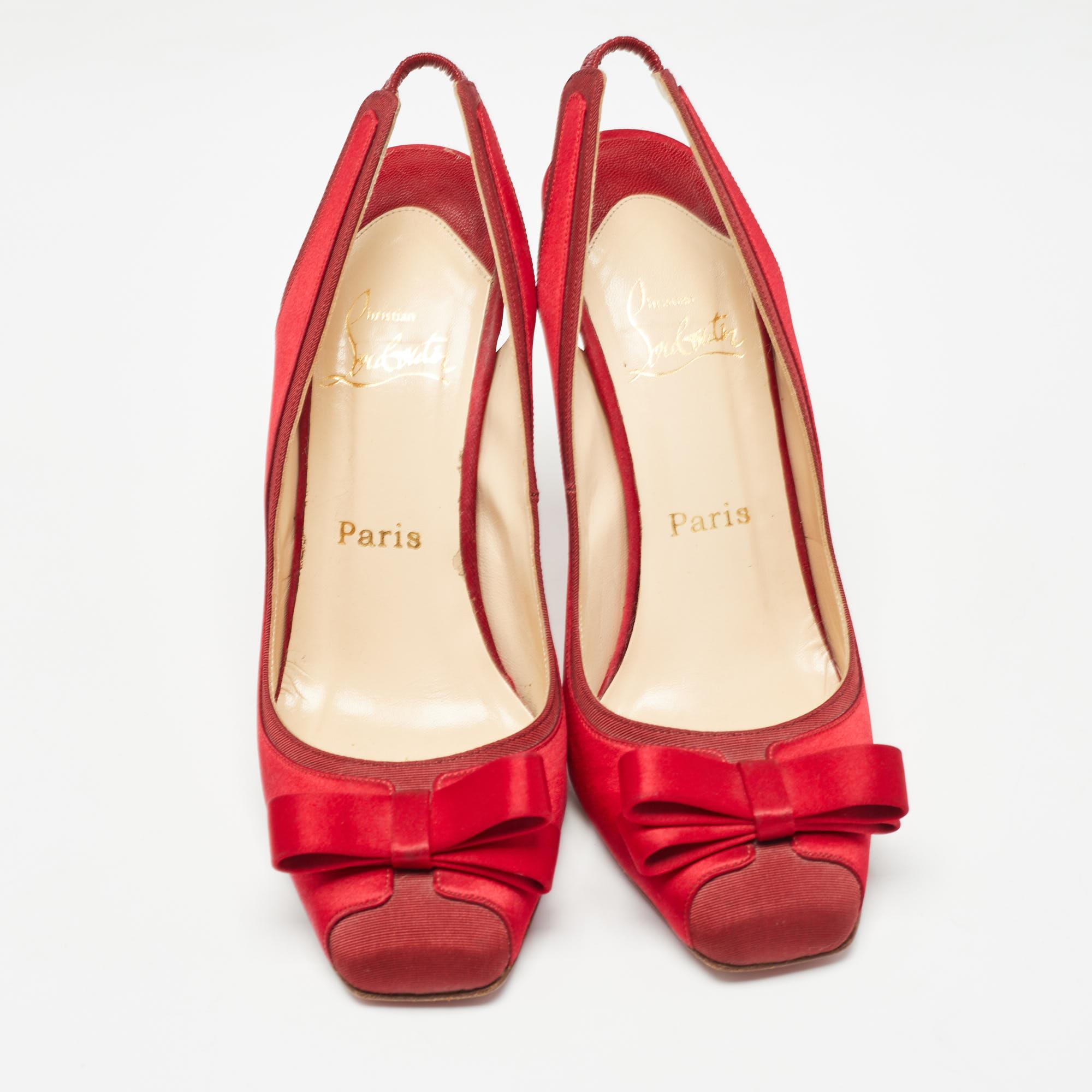Christian Louboutin Red Satin Nooka Slingback Pumps Size 39 In Good Condition In Dubai, Al Qouz 2