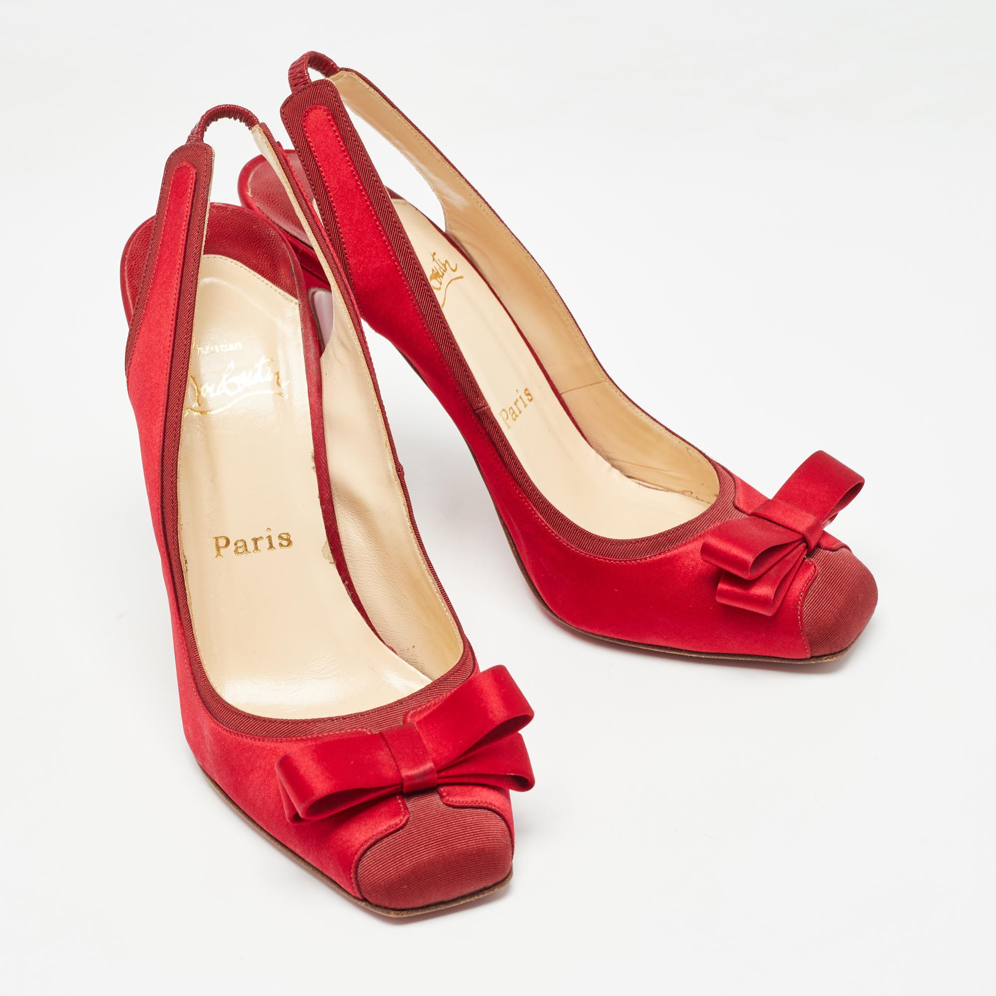 Women's Christian Louboutin Red Satin Nooka Slingback Pumps Size 39