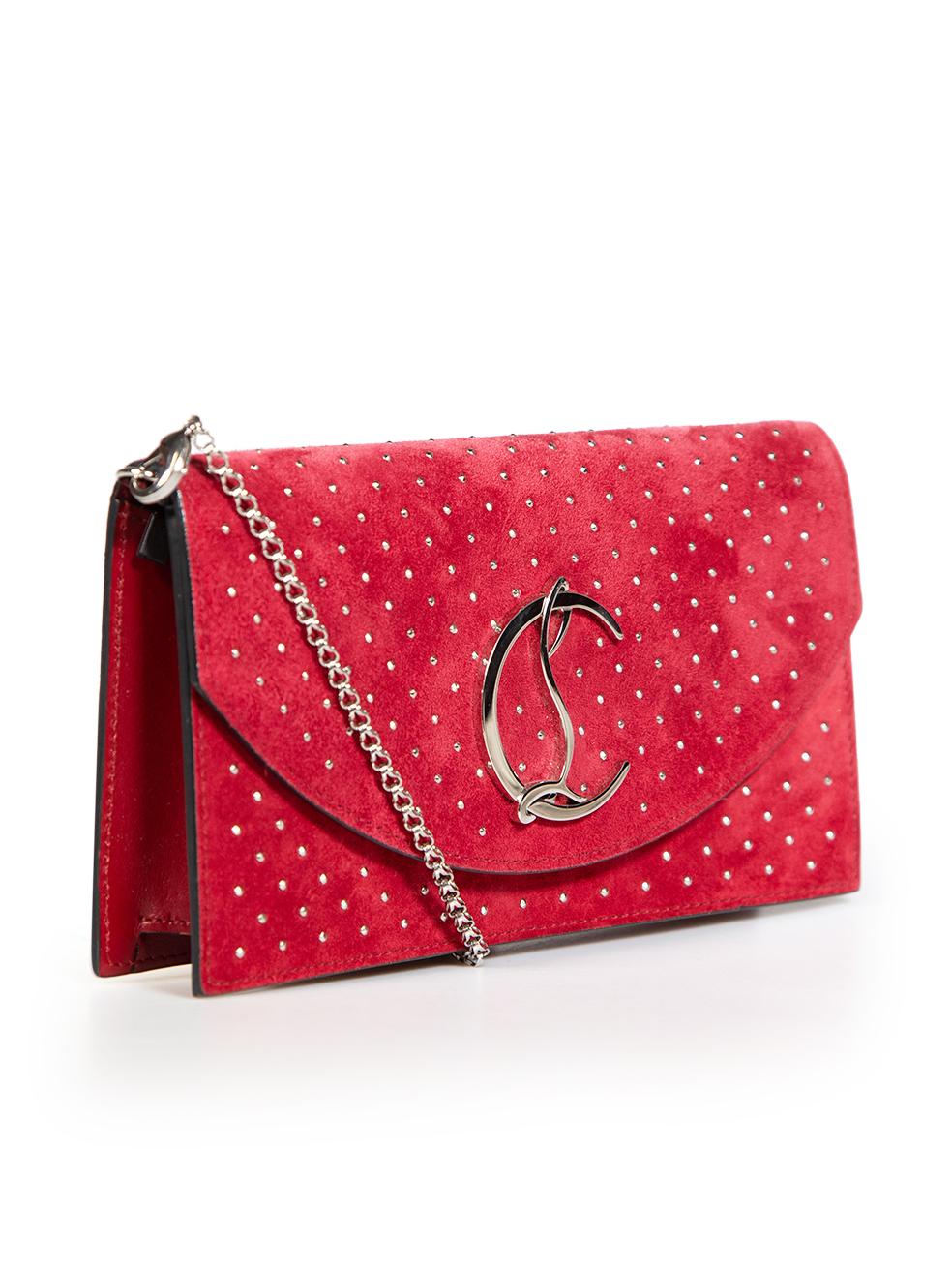CONDITION is Never worn, with tags. No visible wear to bag is evident on this new Christian Louboutin designer resale item. This item comes with a dust bag and box.
 
 Details
 Model: Loubi 54
 Red
 Suede
 Mini clutch
 Detachable chain strap
 Silver