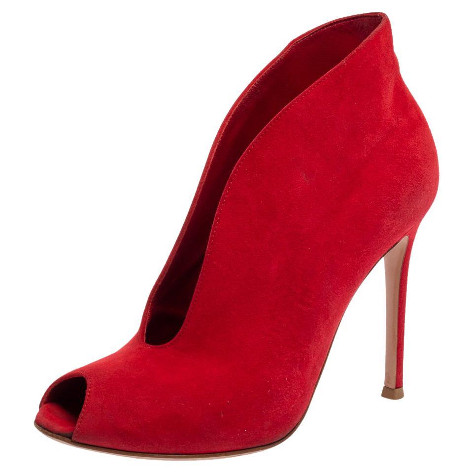 Christian Louboutin Red Suede Chester Fille Peep Toe Booties Size 35.5