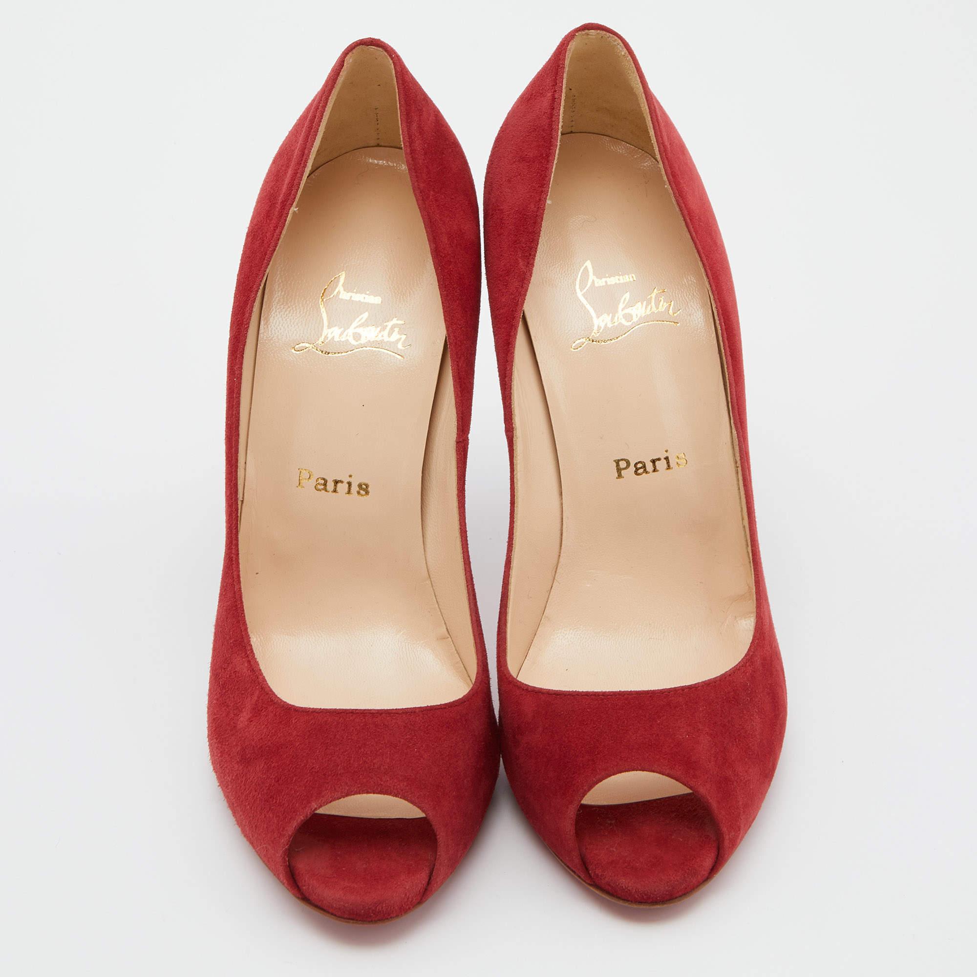 Women's Christian Louboutin Red Suede Hyper Prive Peep Toe Platform Pumps Size 38.5 For Sale