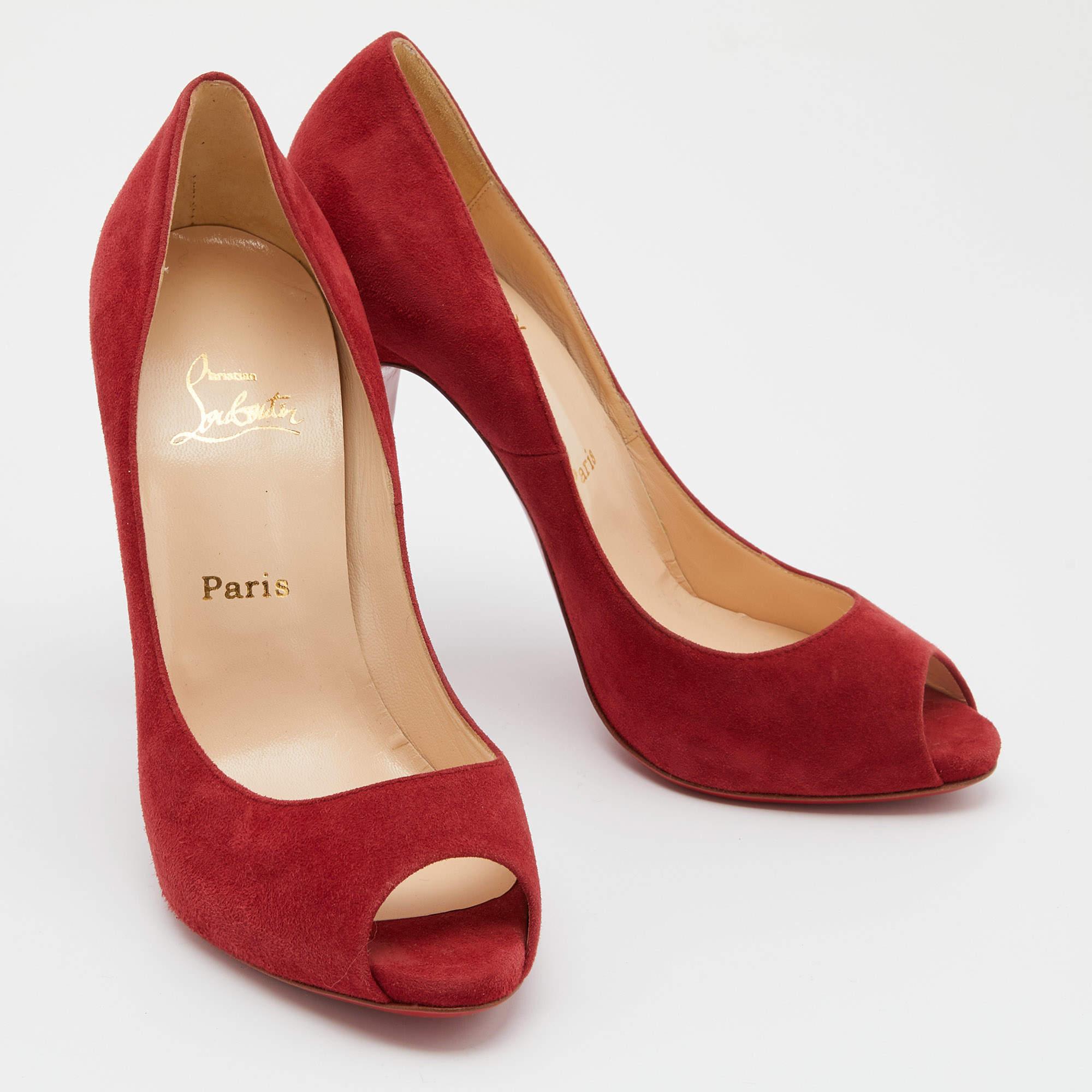 Christian Louboutin Red Suede Hyper Prive Peep Toe Platform Pumps Size 38.5 For Sale 1