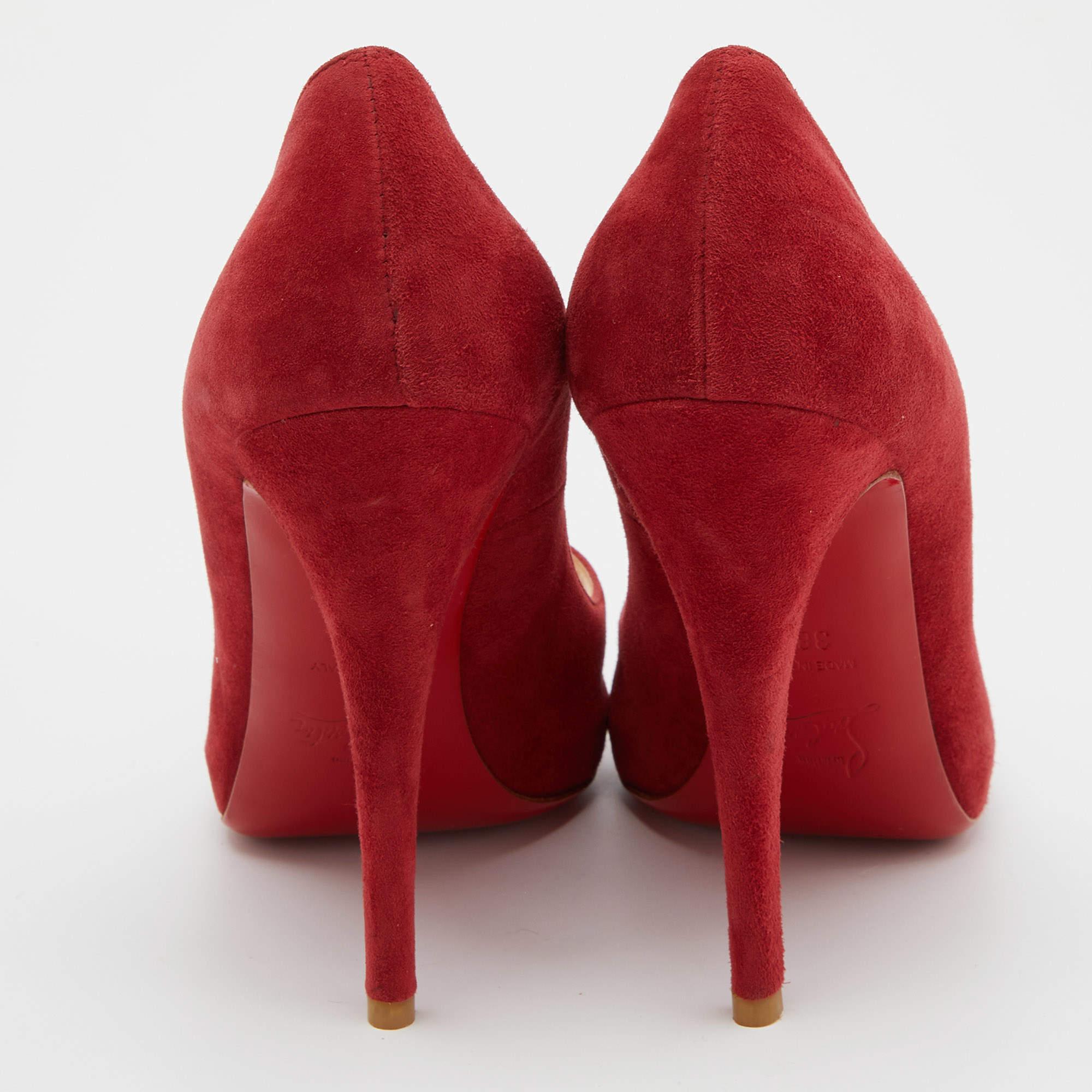 Christian Louboutin Red Suede Hyper Prive Peep Toe Platform Pumps Size 38.5 For Sale 2