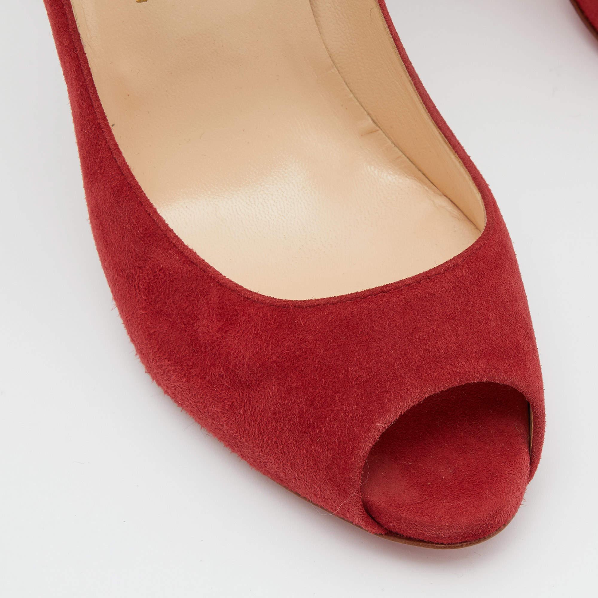 Christian Louboutin Red Suede Hyper Prive Peep Toe Platform Pumps Size 38.5 For Sale 3