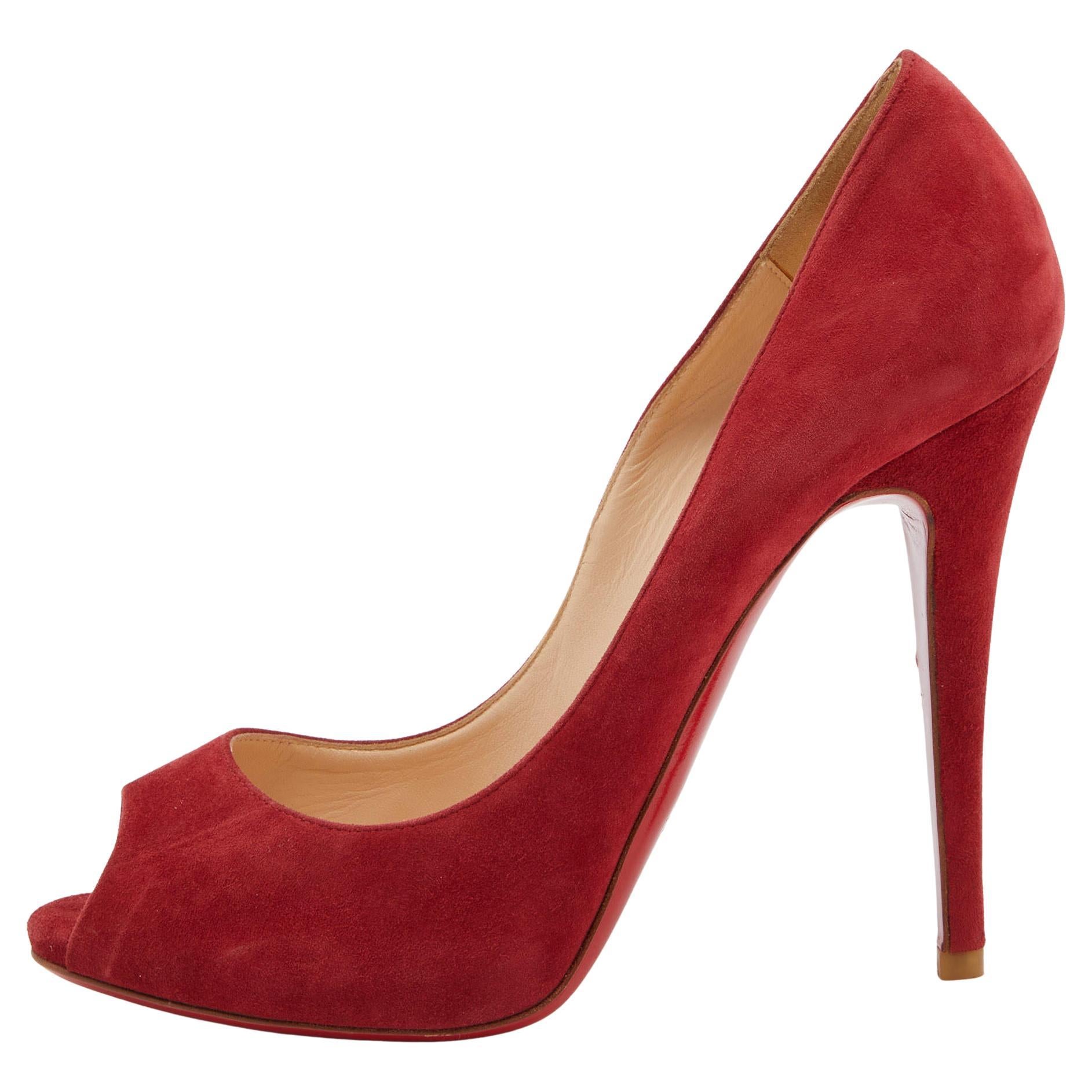 Christian Louboutin Red Suede Hyper Prive Peep Toe Platform Pumps Size 38.5 For Sale