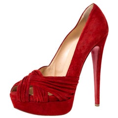 Christian Louboutin Red Suede Leather Platform Cut Out Open Toe Pumps Size 39
