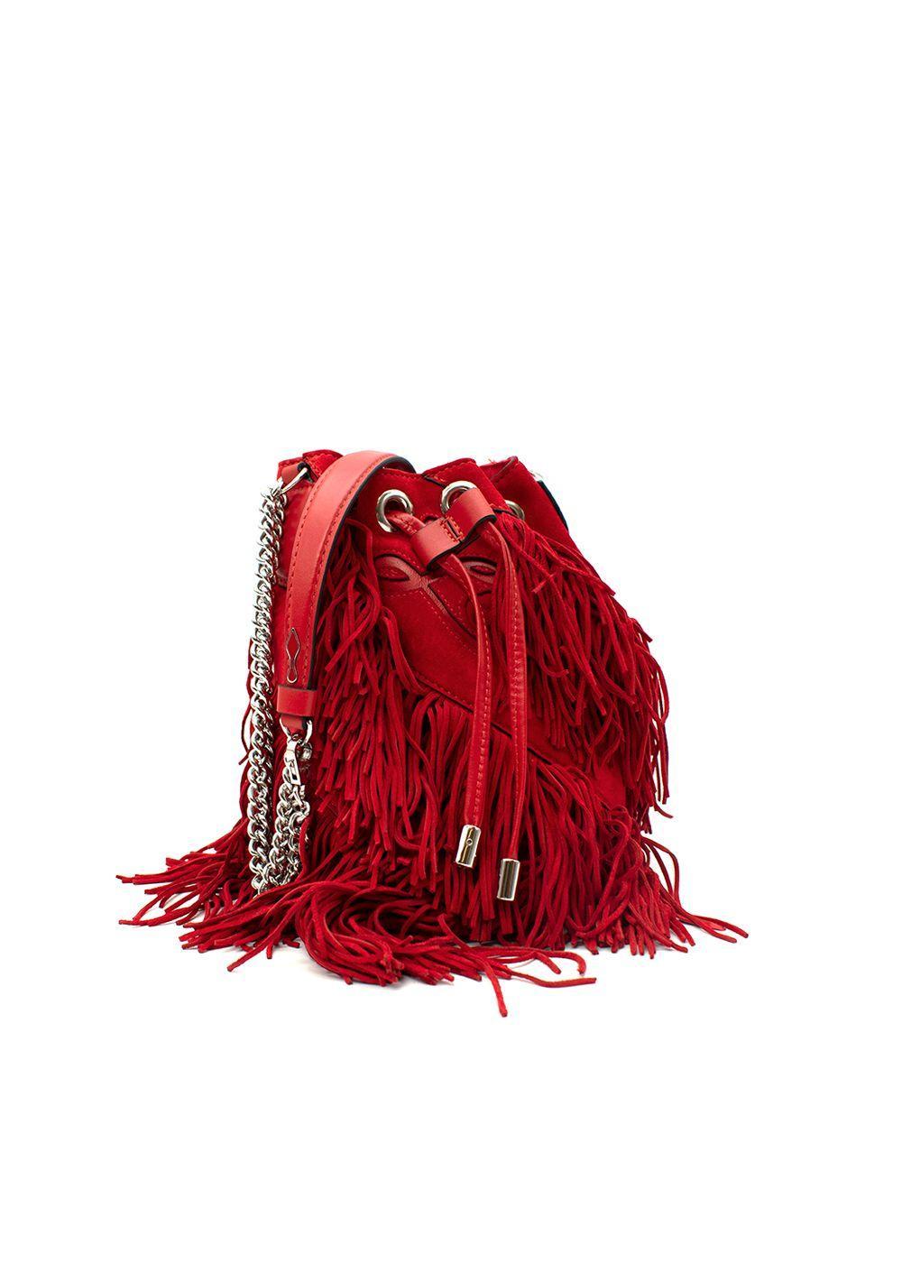 Christian Louboutin Red Suede Marie Jane Fringed Bucket Bag

- Playful spirals of fringe that frame a laser-cut logo
- Detachable silver-tone metal chain shoulder strap
- Single interior compartment
- Red cotton-twill lining

Materials
100%