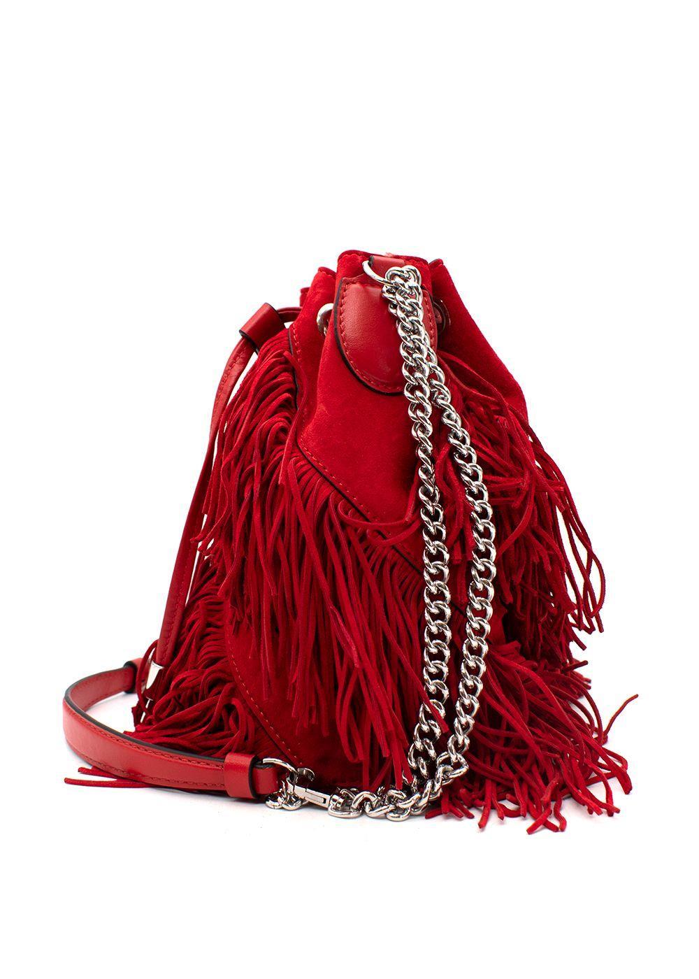 Brown Christian Louboutin Red Suede Marie Jane Fringed Bucket Bag For Sale