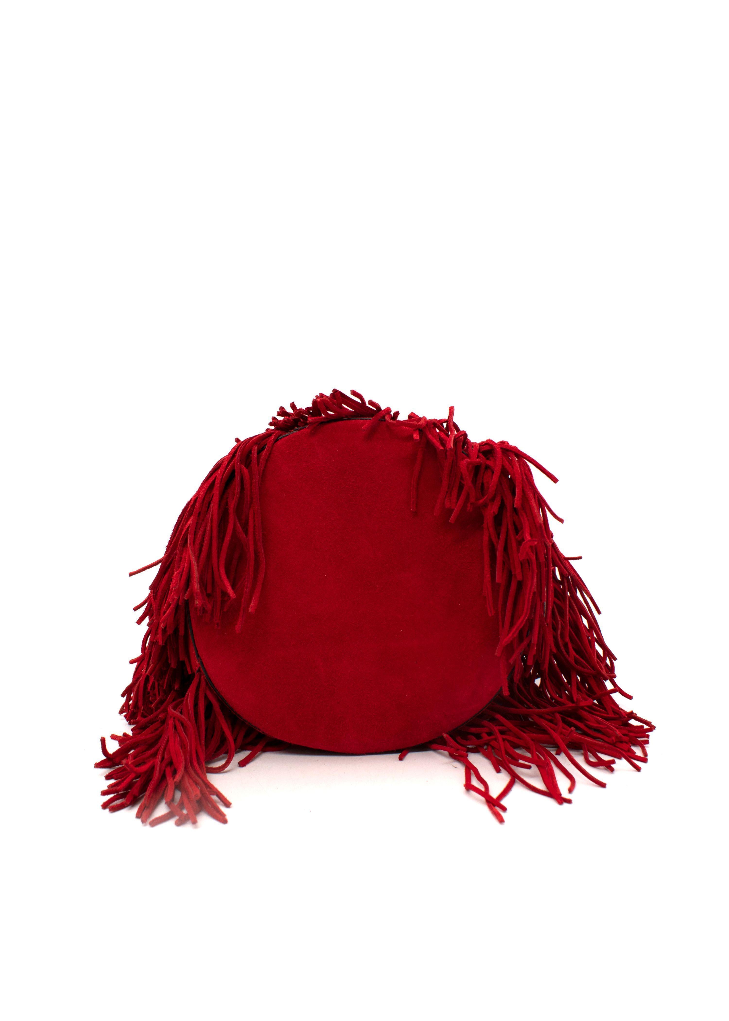 Christian Louboutin Red Suede Marie Jane Fringed Bucket Bag In New Condition For Sale In London, GB