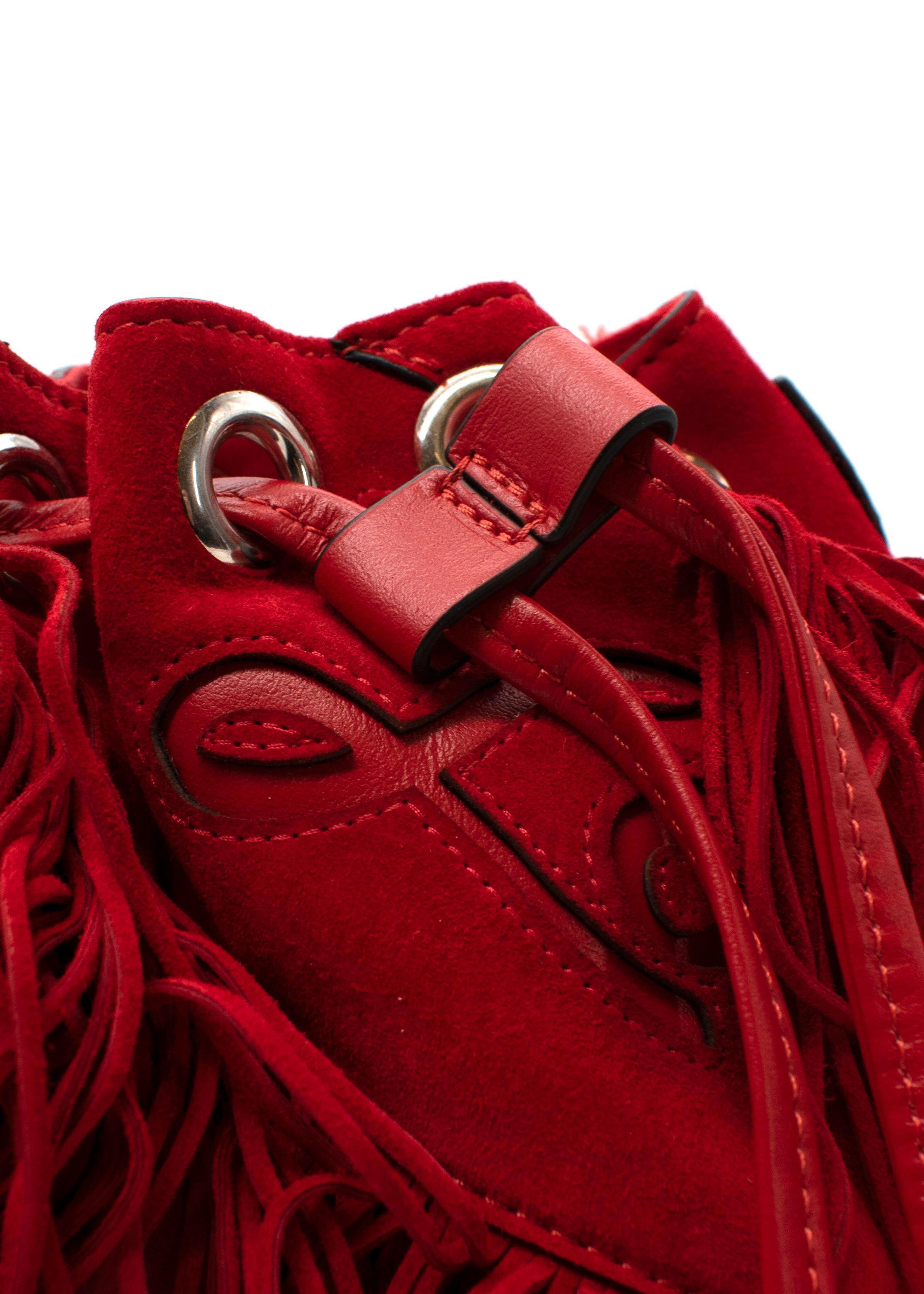 Women's Christian Louboutin Red Suede Marie Jane Fringed Bucket Bag For Sale