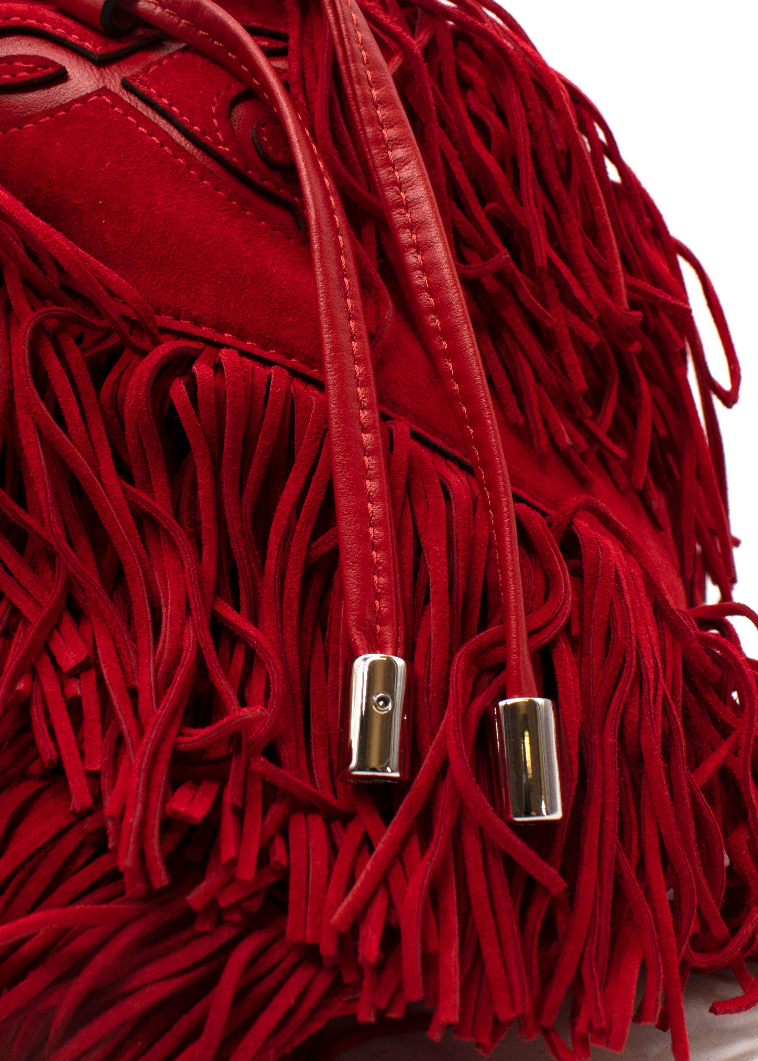 Christian Louboutin Red Suede Marie Jane Fringed Bucket Bag For Sale 1