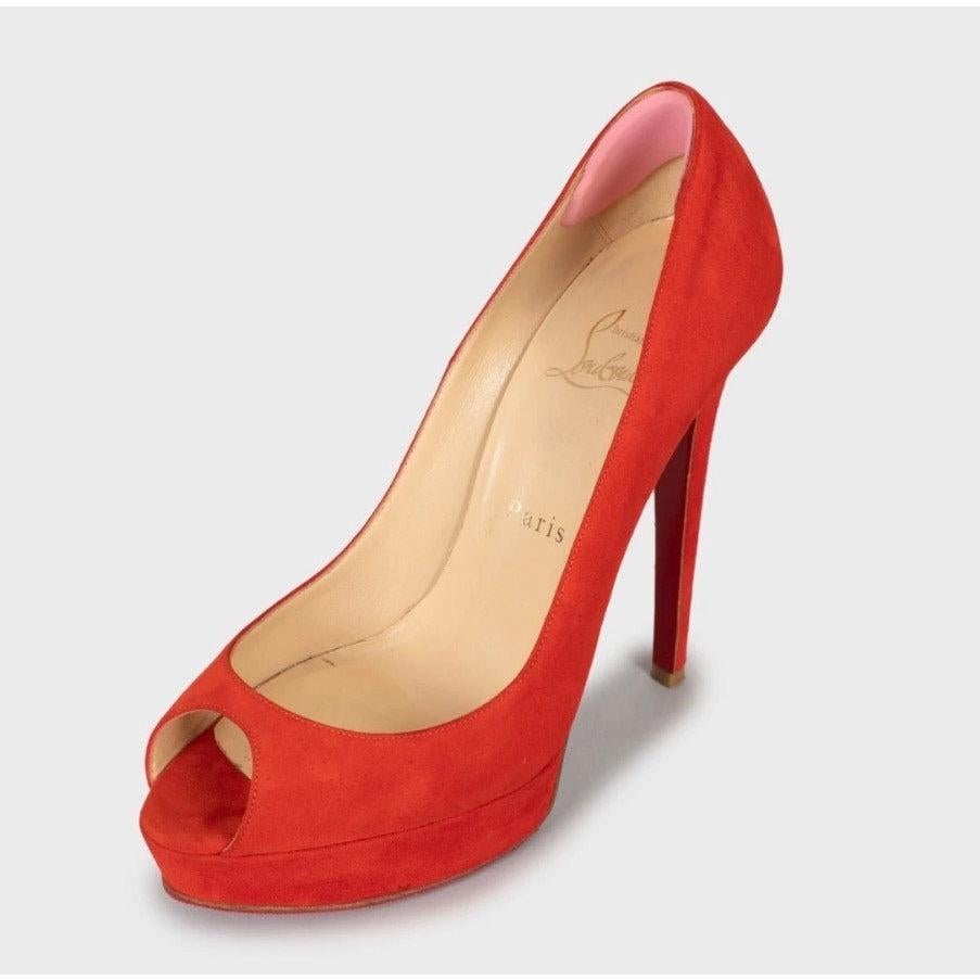 Christian Louboutin Red Suede Peep-Toe Heels Size 38.5 Rojo en venta