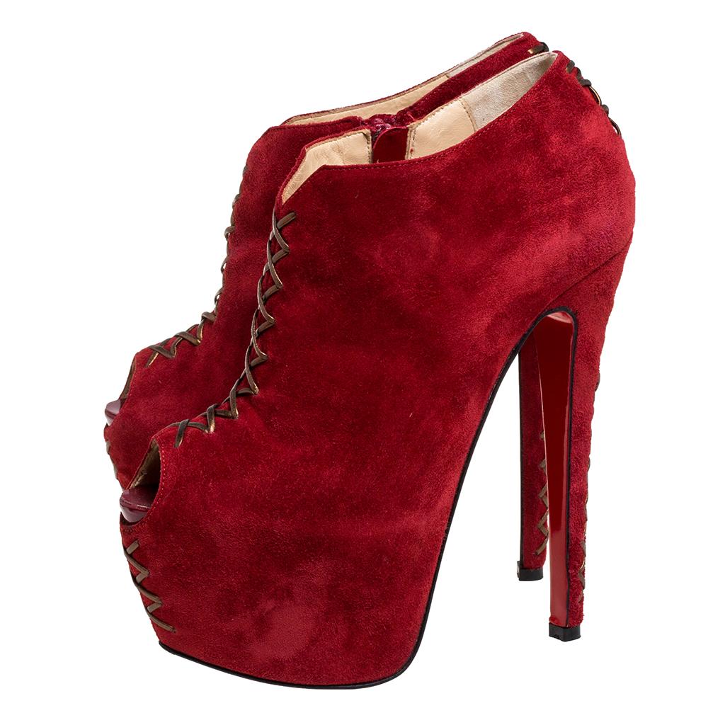 red suede peep toe booties