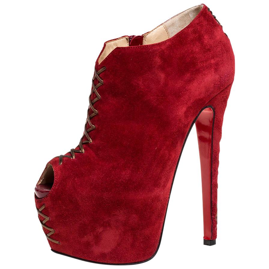 red suede open toe booties