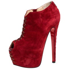 Christian Louboutin Red Suede Recouzetta Peep Toe Platform Ankle Boots Size 36.5
