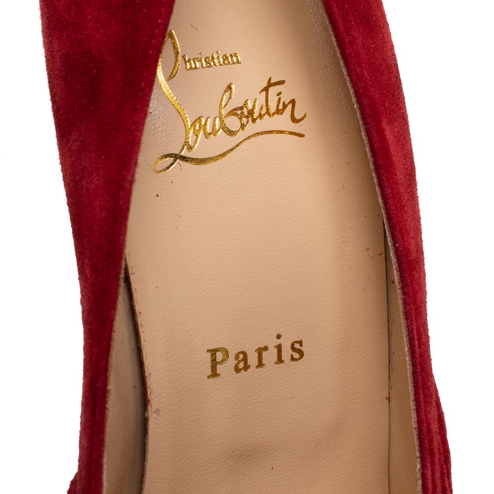 Women's Christian Louboutin Red Suede Ruched Detail Drapadita Peep Toe Pumps Size 40