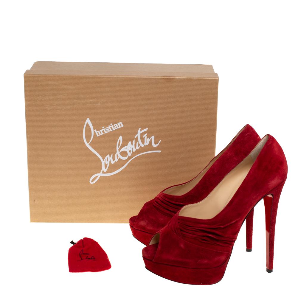 Christian Louboutin Red Suede Ruched Detail Drapadita Peep Toe Pumps Size 40 2