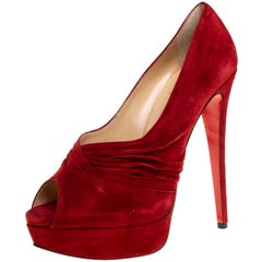 Christian Louboutin Red Suede Ruched Detail Drapadita Peep Toe Pumps Size 40
