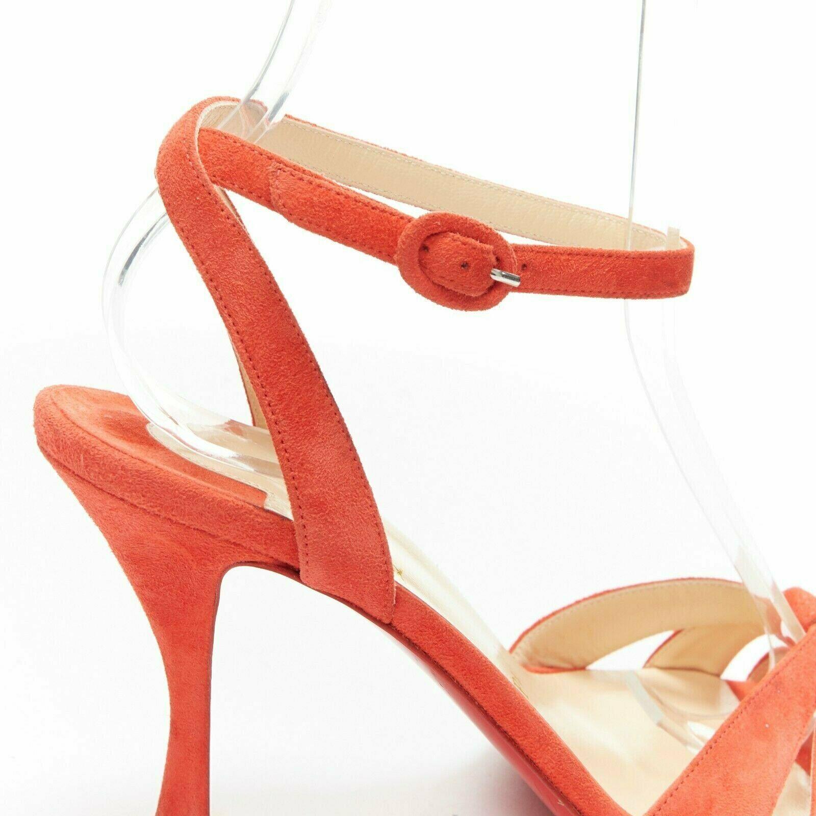 CHRISTIAN LOUBOUTIN red suede strappy ankle strap curved mid heel sandals EU37 In Fair Condition For Sale In Hong Kong, NT