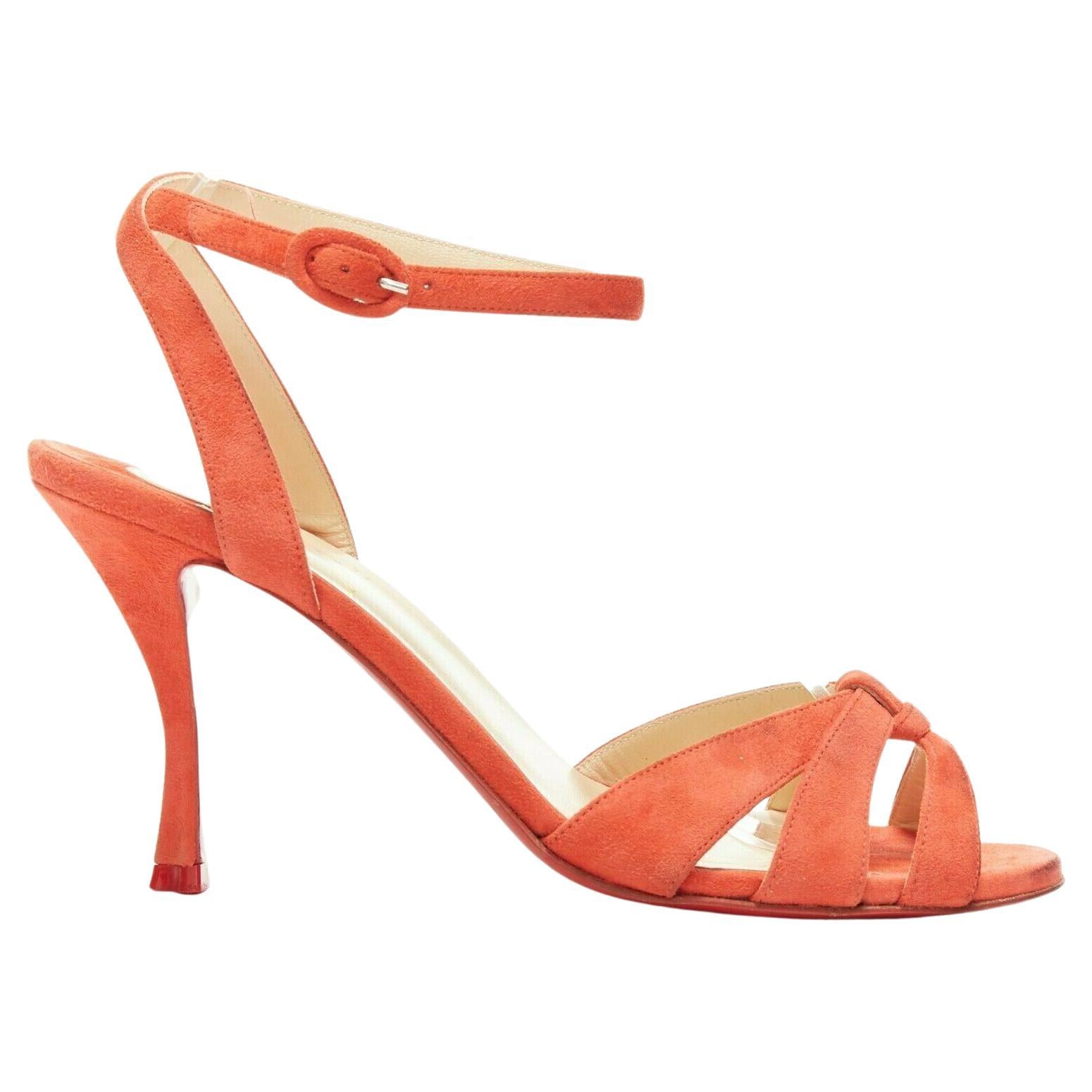 CHRISTIAN LOUBOUTIN red suede strappy ankle strap curved mid heel sandals EU37 For Sale