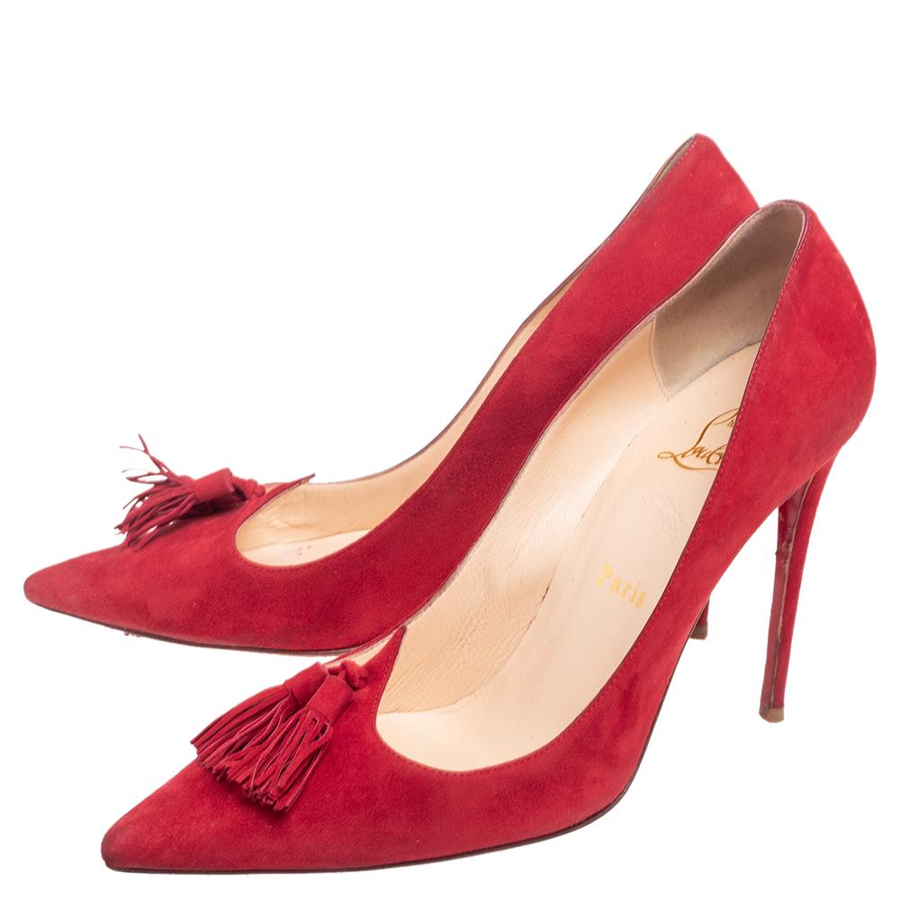 Women's Christian Louboutin Red Suede Tassel Embellished Gwalior Pumps Size 38