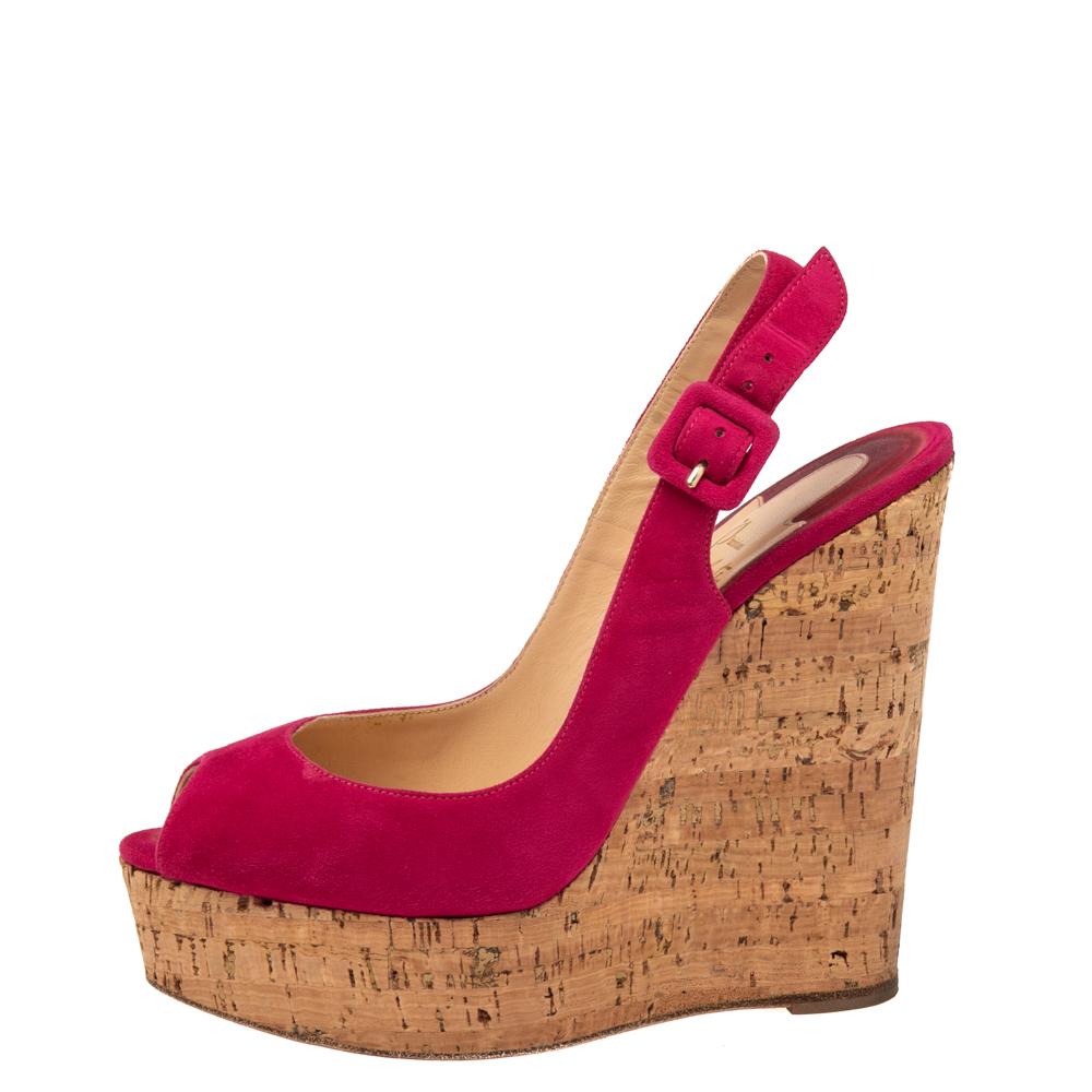 Christian Louboutin Red Suede Une Plume Peep Toe Slingback Cork Wedges Size 37 For Sale 1
