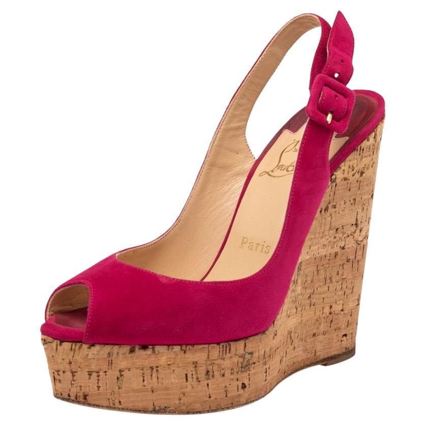 Christian Louboutin Red Suede Une Plume Peep Toe Slingback Cork Wedges Size 37 For Sale