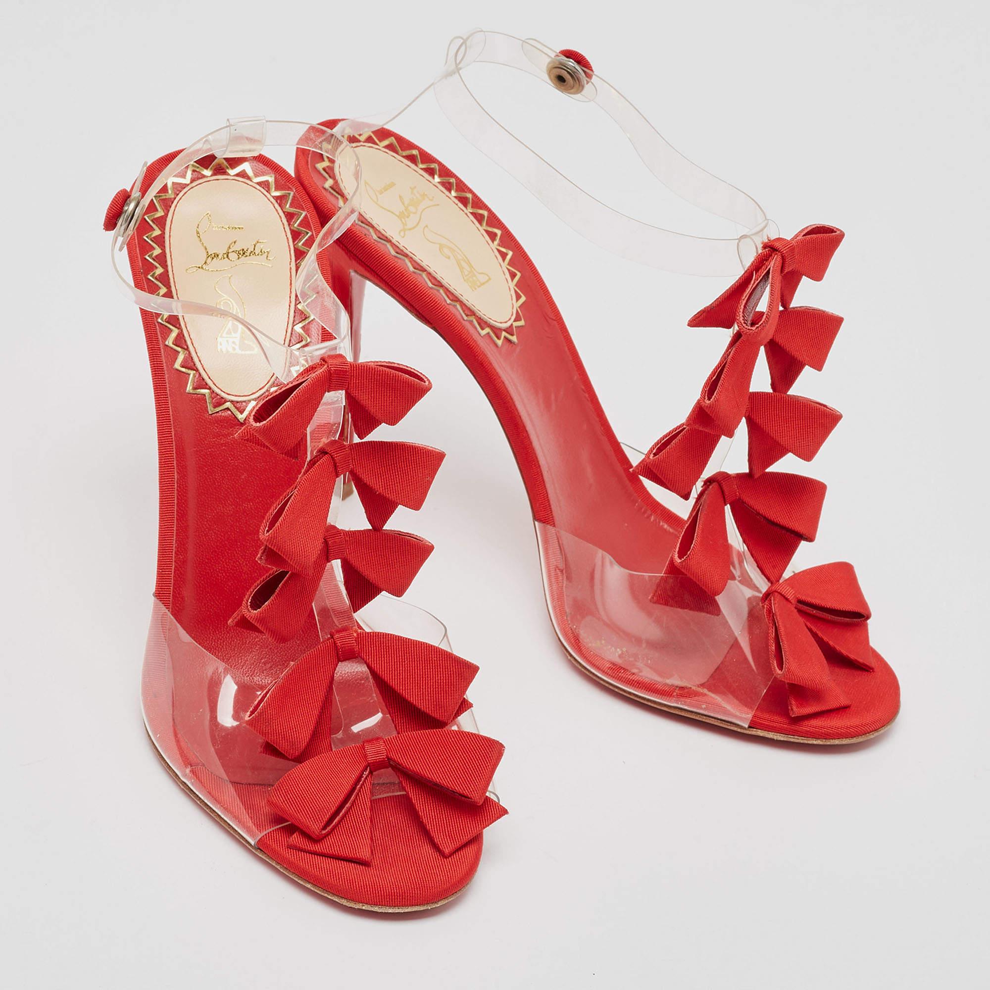 Christian Louboutin Red/Transparent Fabric and PVC Bow Bow Ankle Strap Sandals S In Good Condition For Sale In Dubai, Al Qouz 2