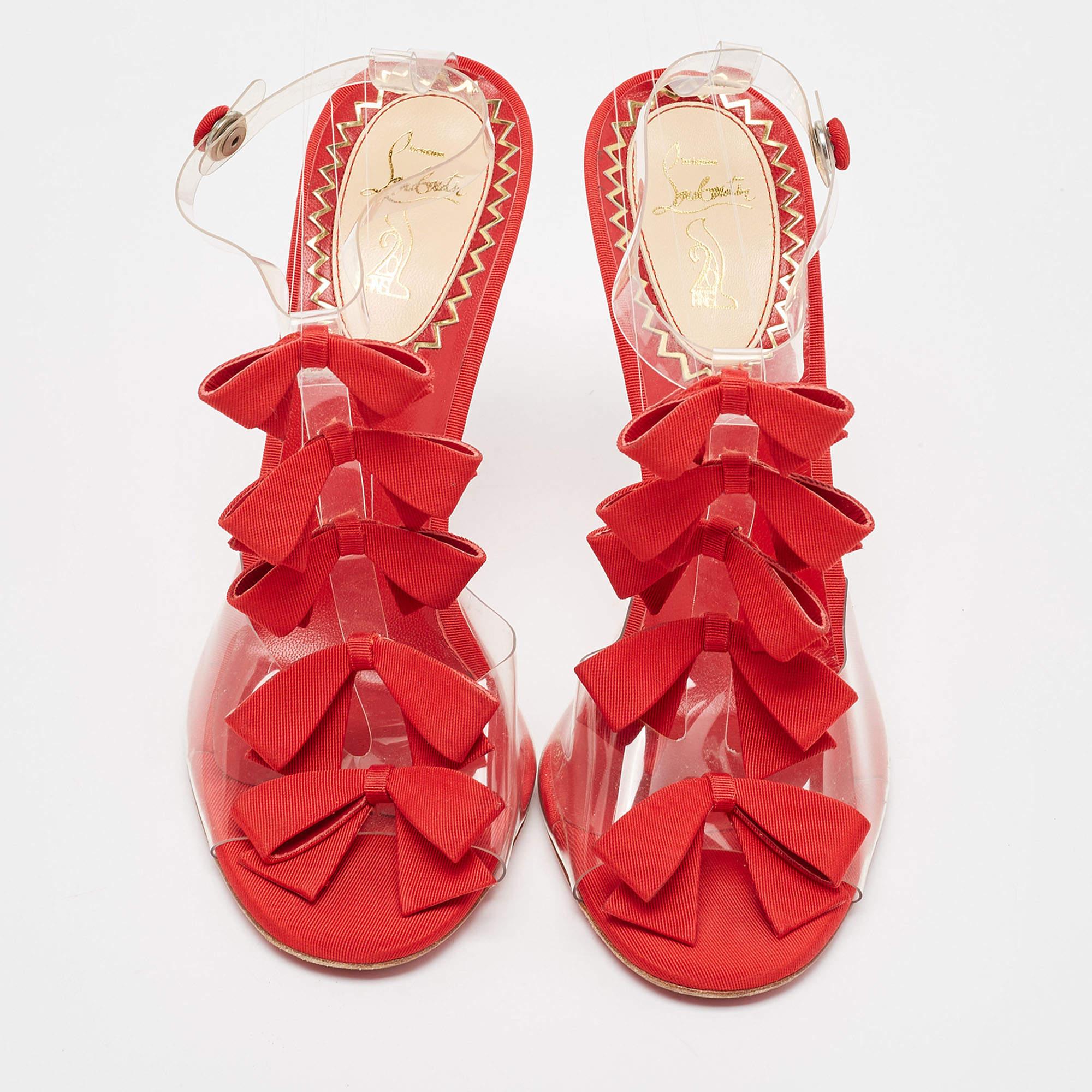 Women's Christian Louboutin Red/Transparent Fabric and PVC Bow Bow Ankle Strap Sandals S