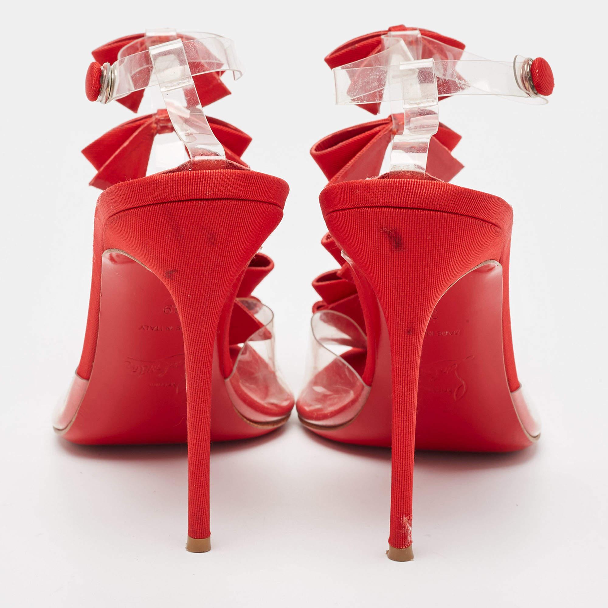 Christian Louboutin Red/Transparent Fabric and PVC Bow Bow Ankle Strap Sandals S For Sale 4