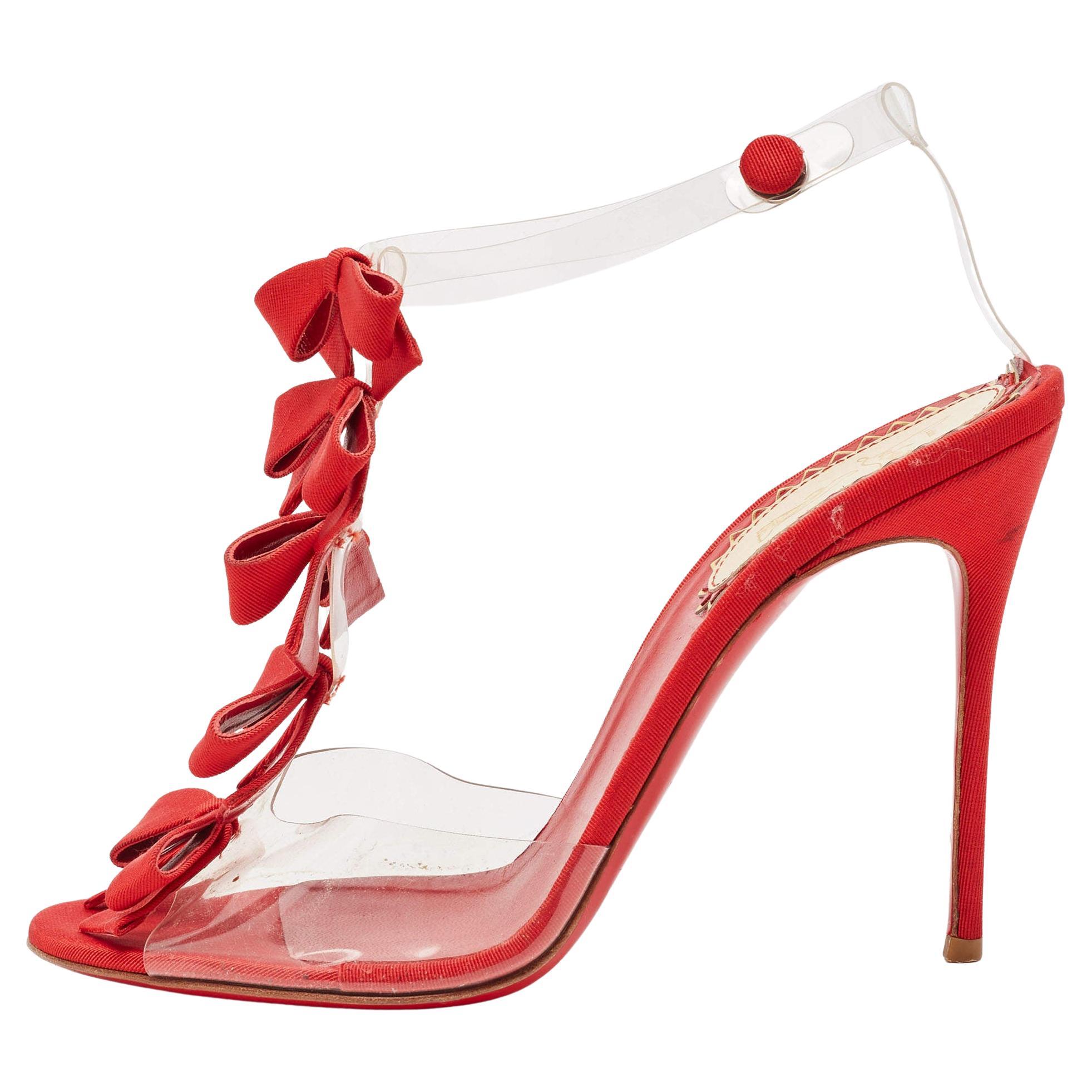 Christian Louboutin Red/Transparent Fabric and PVC Bow Bow Ankle Strap Sandals S For Sale