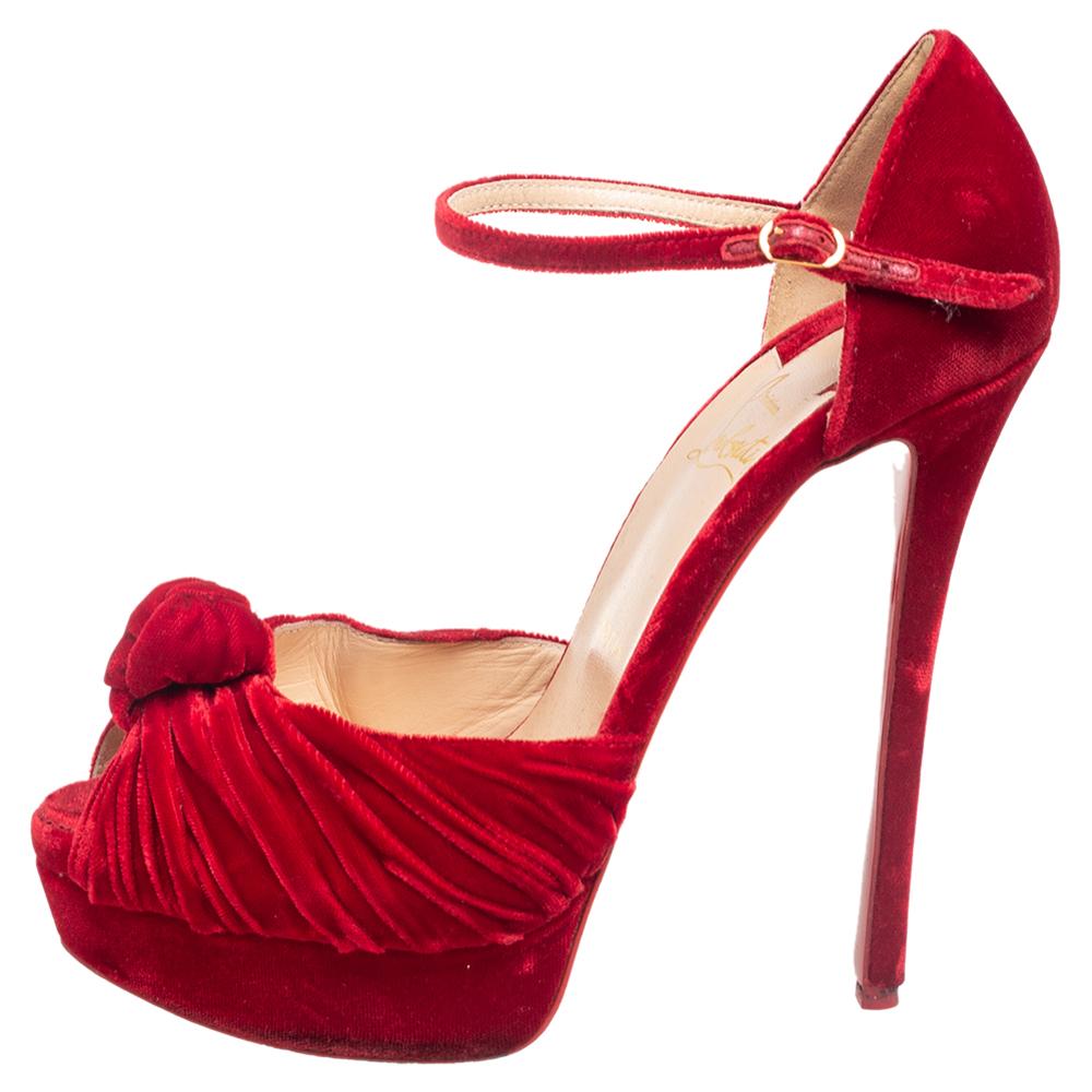 Christian Louboutin Red Velvet Peep Toe Platform Ankle Strap