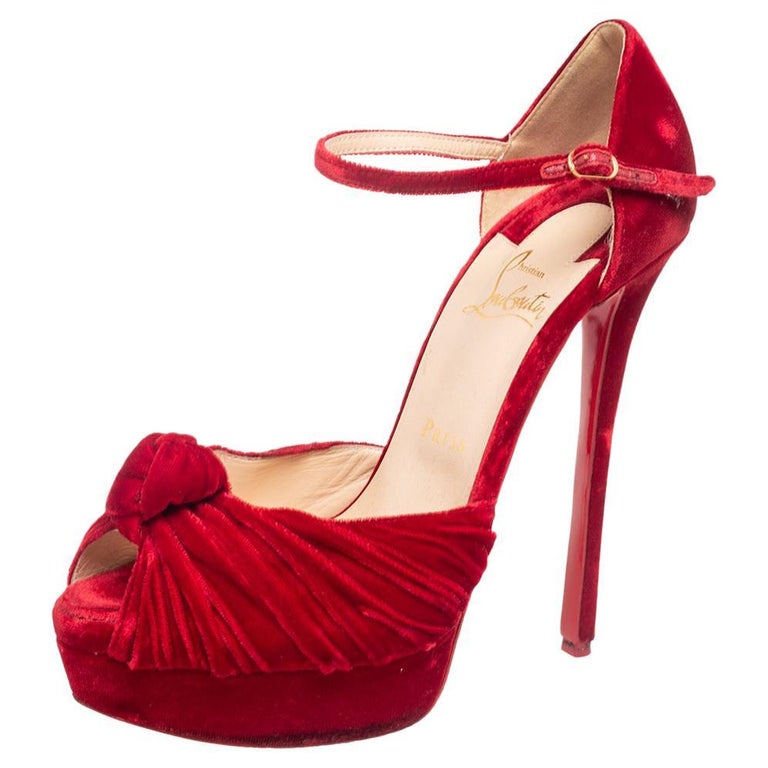 Christian Louboutin Red Velvet Peep Toe Platform Ankle Strap Sandals Size  39 For Sale at 1stDibs