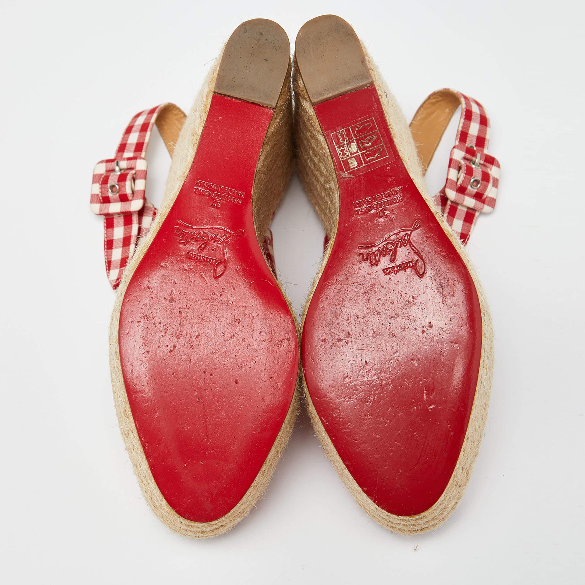 Women's or Men's Christian Louboutin Red/White Gingham Fabric Menorca Espadrille Wedge Size 37