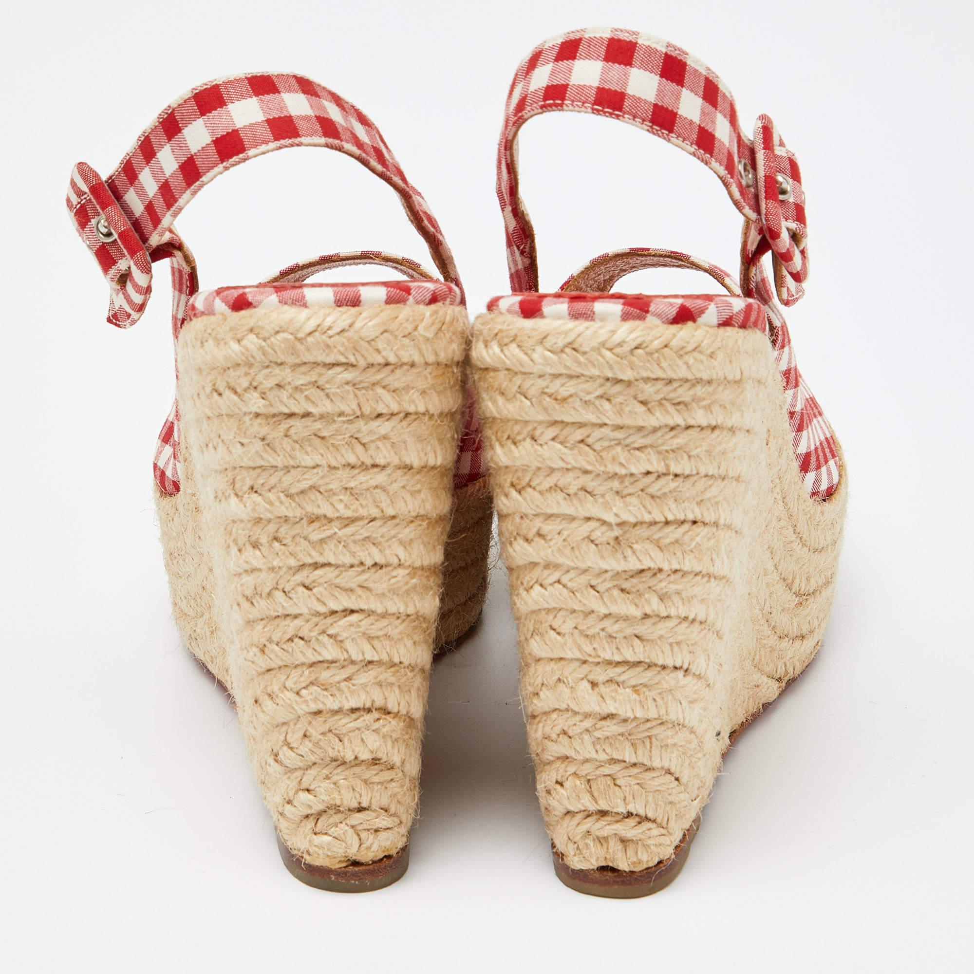 Christian Louboutin Red/White Gingham Fabric Menorca Espadrille Wedge Size 37 1