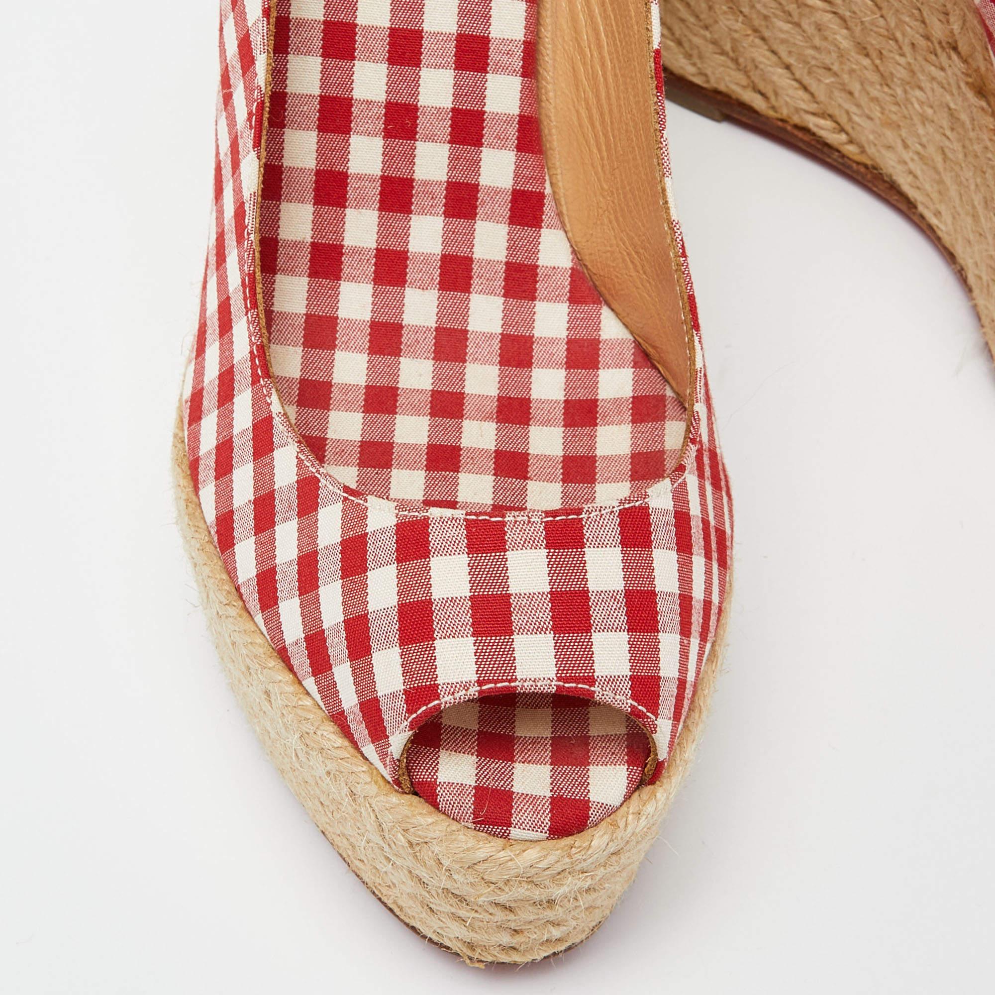 Christian Louboutin Red/White Gingham Fabric Menorca Espadrille Wedge Size 37 For Sale 3