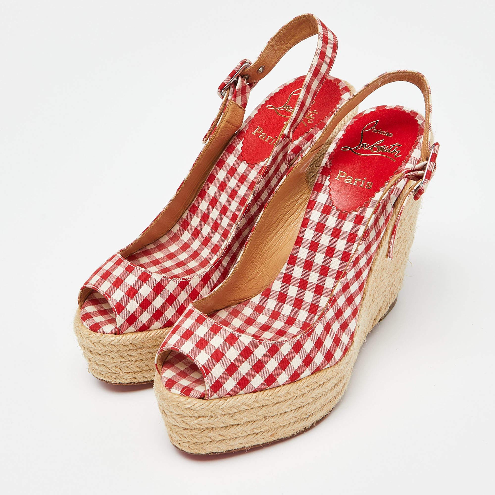 Christian Louboutin Red/White Gingham Fabric Menorca Espadrille Wedge Size 37 For Sale 4