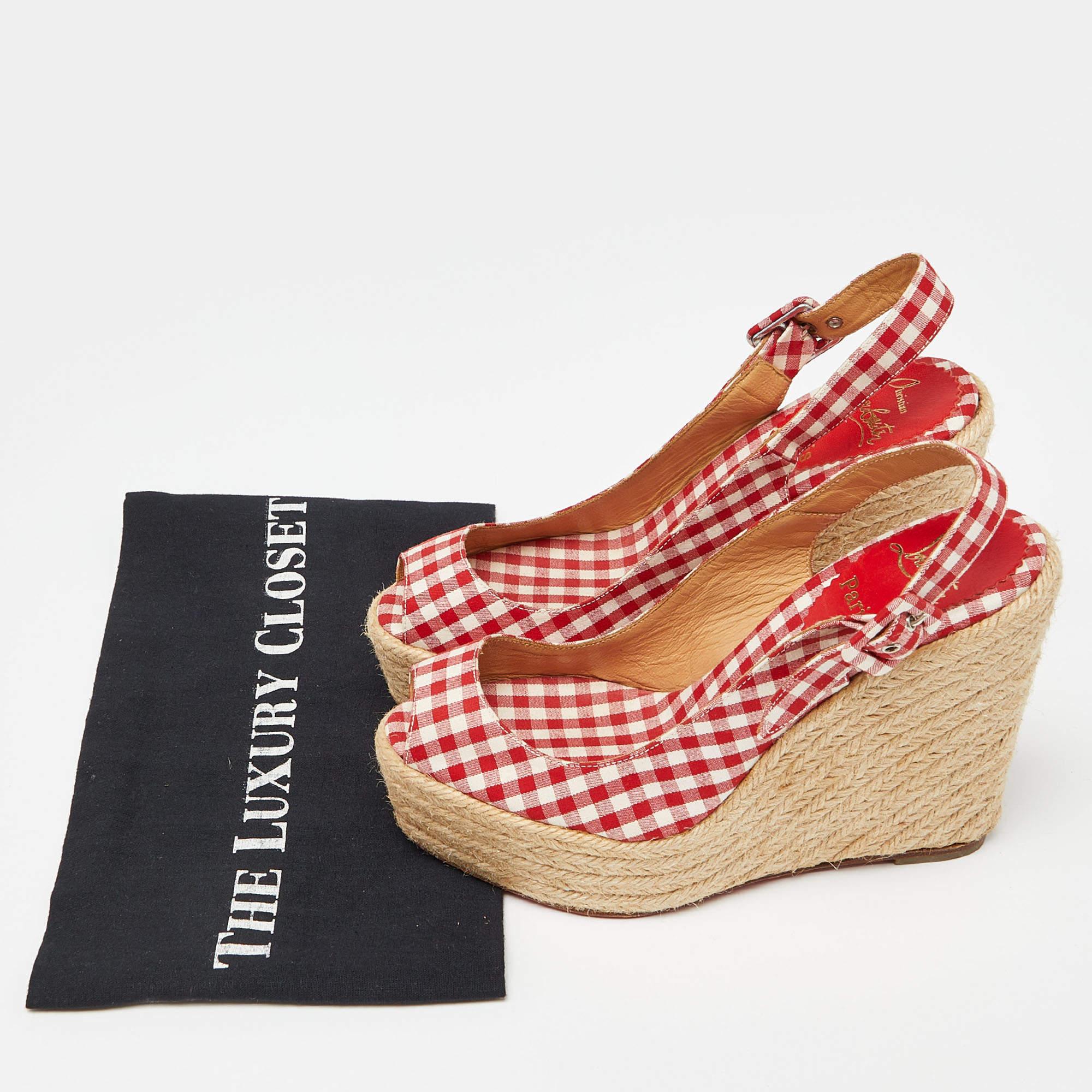 Christian Louboutin Red/White Gingham Fabric Menorca Espadrille Wedge Size 37 For Sale 5