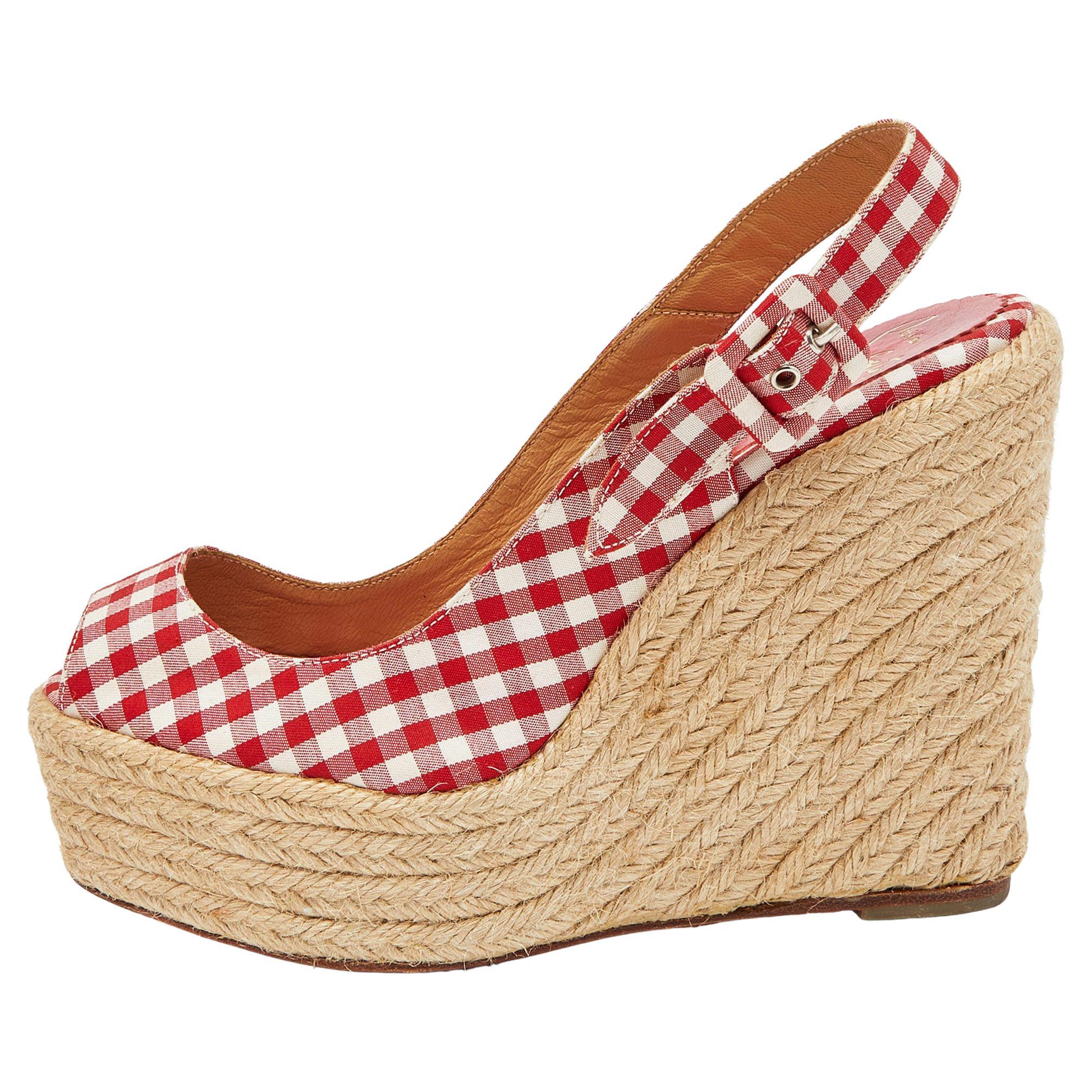 Christian Louboutin Red/White Gingham Fabric Menorca Espadrille Wedge Size 37 For Sale
