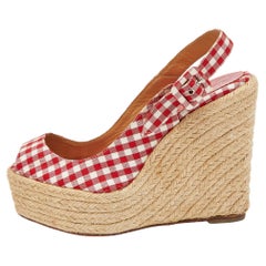 Christian Louboutin Red/White Gingham Fabric Menorca Espadrille Wedge Size 37