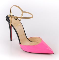 CHRISTIAN LOUBOUTIN "Rivierina" Neon Pink Tri-Color Leather Ankle Strap Pumps