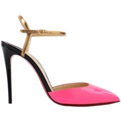CHRISTIAN LOUBOUTIN "Rivierina" Neon Pink Tri-Color Leather Ankle Strap Pumps