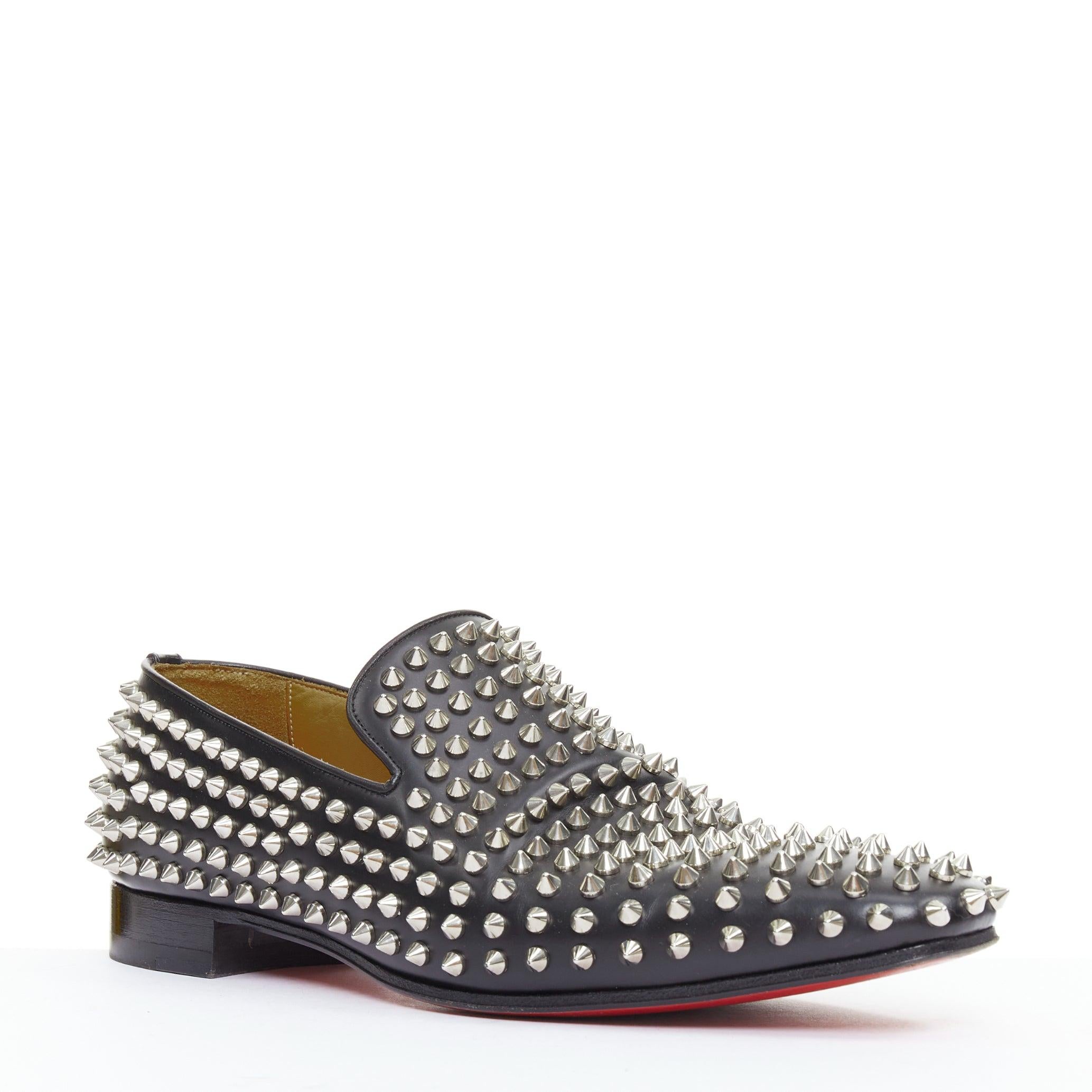 Gray CHRISTIAN LOUBOUTIN Rollerboy black silver leather spike stud loafers EU40.5 For Sale