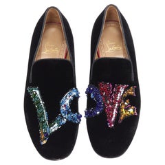 CHRISTIAN LOUBOUTIN Rollerlove Love crystal embroidery black velvet loafer EU42