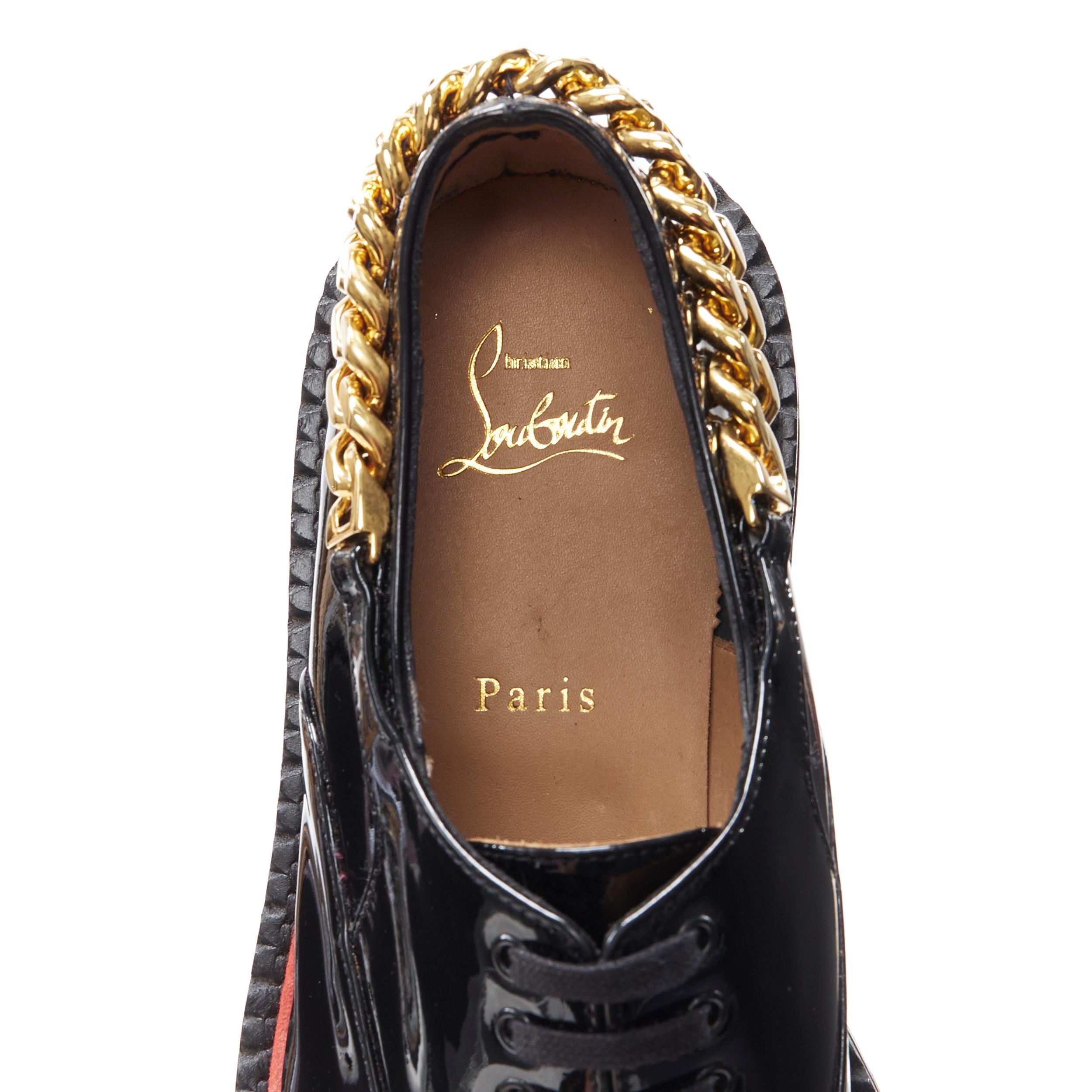 CHRISTIAN LOUBOUTIN Roy Flat black patent gold chunky chain XL sole brogue EU41 3