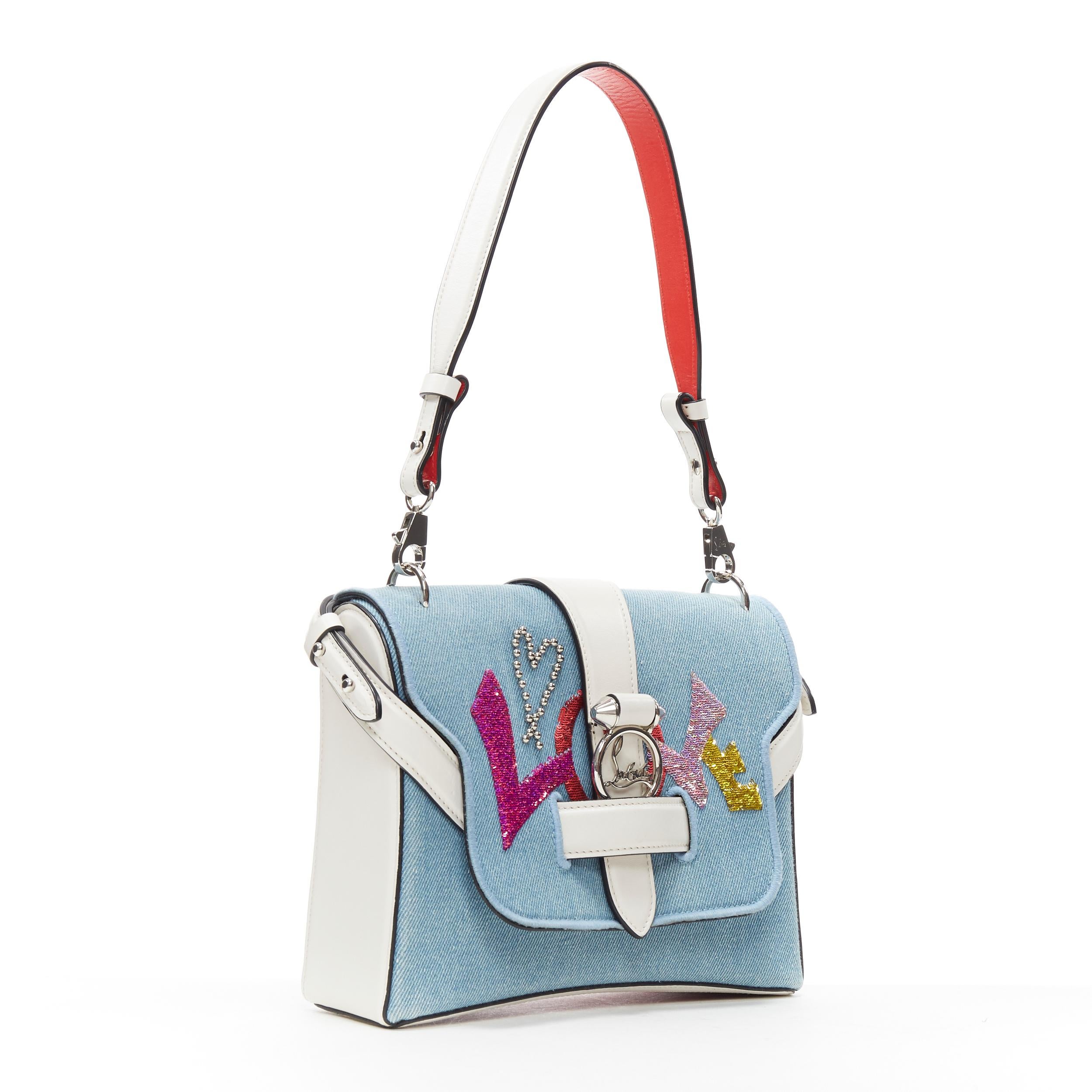 Blu CHRISTIAN LOUBOUTIN Borsa a tracolla con catena in denim blu chiaro con paillettes Love Rubylou Love