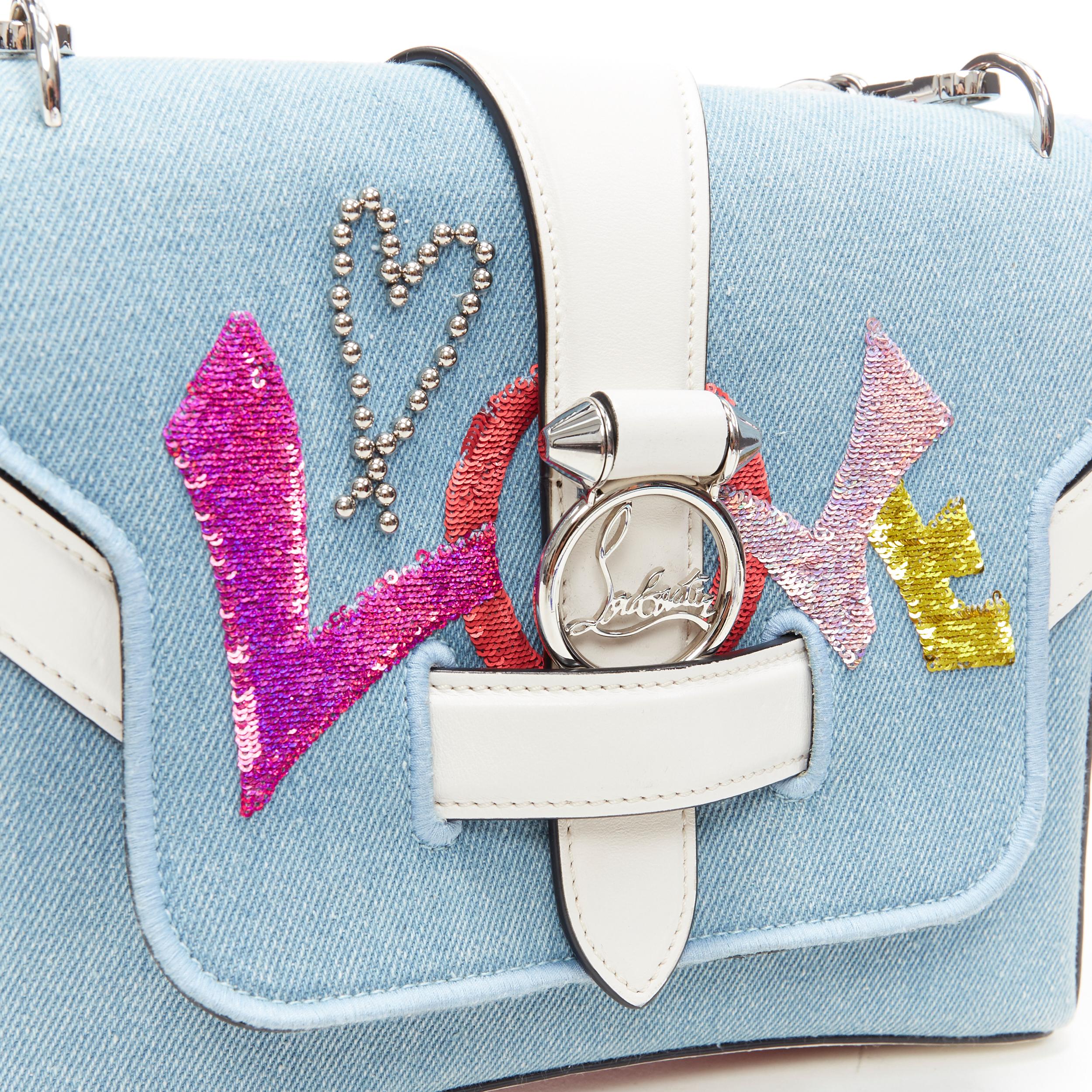 CHRISTIAN LOUBOUTIN Borsa a tracolla con catena in denim blu chiaro con paillettes Love Rubylou Love 2