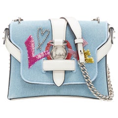 CHRISTIAN LOUBOUTIN Rubylou Love sequins light blue denim chain shoulder bag